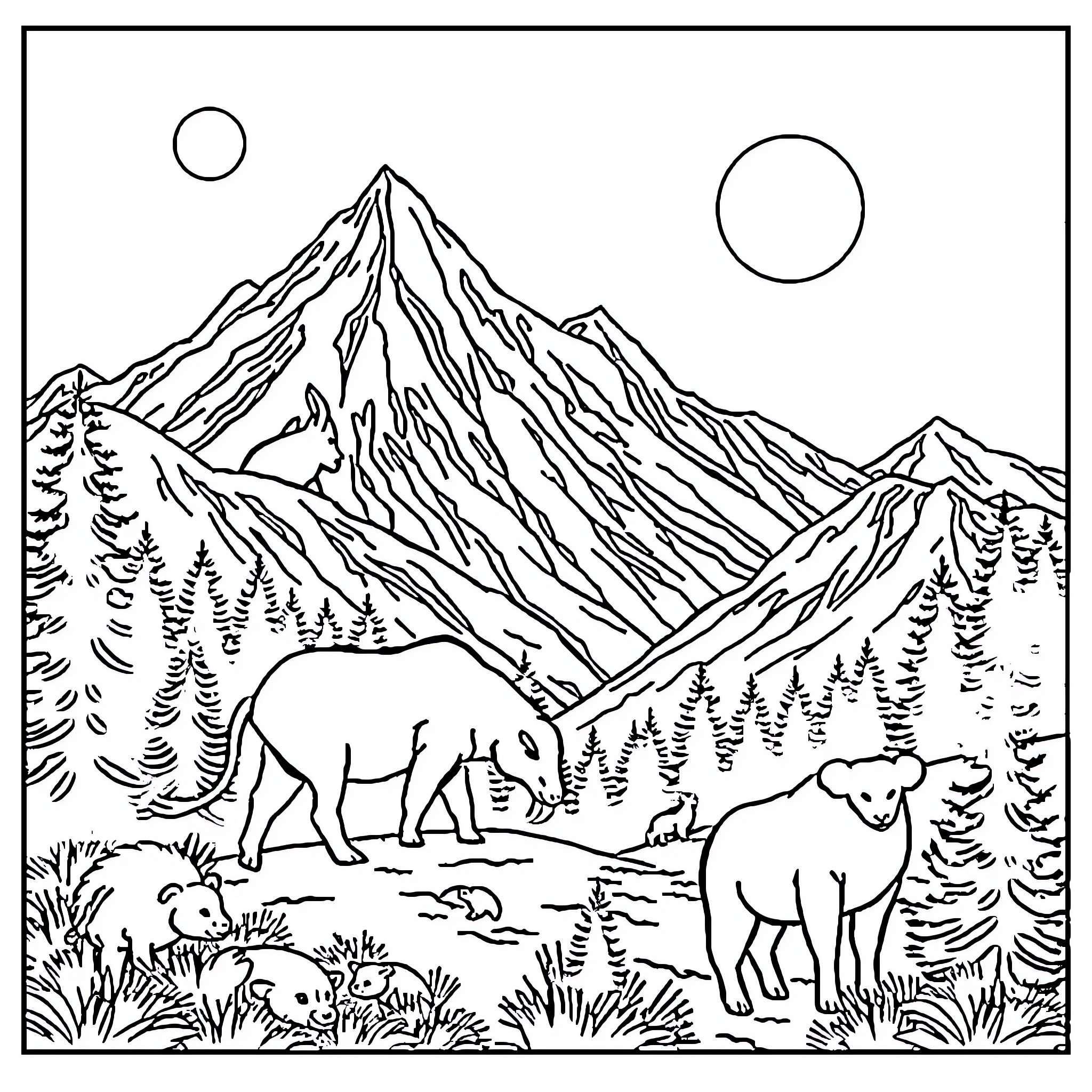 Mountain Animal Wilderness Scene with Bears Coloring Page (free black-and-white line drawing printable PDF for all, from beginners to advanced learners, including children, teens, adults, and seniors)