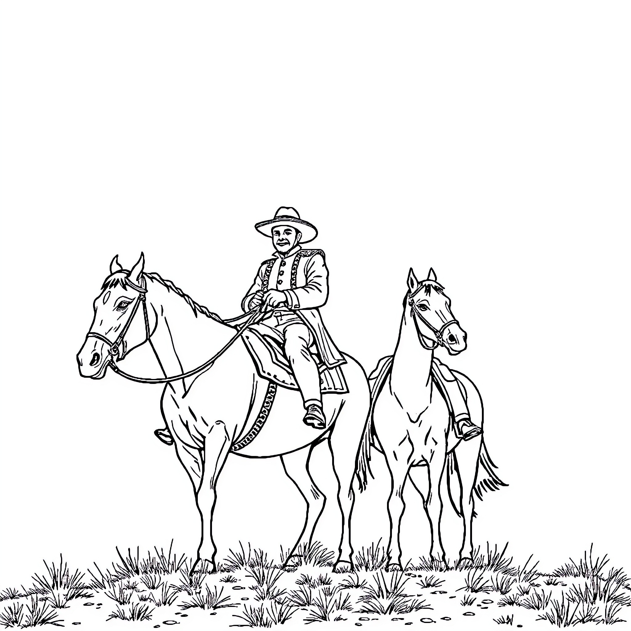 Francisco Villa riding horses across the prairie Coloring Page (free black-and-white line drawing printable PDF for all, from beginners to advanced learners, including children, teens, adults, and seniors)