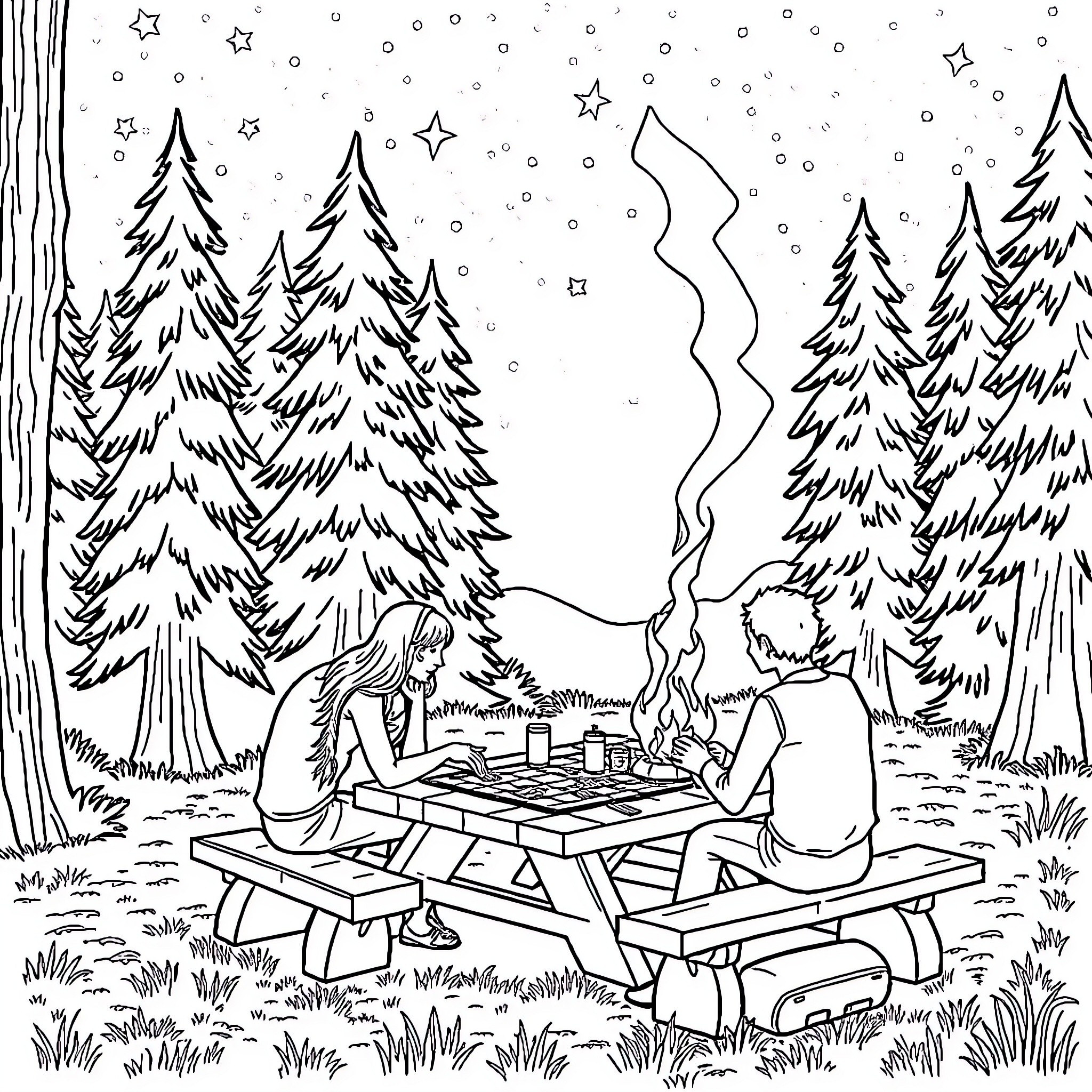 Couple enjoying outdoor picnic in snowy forest Coloring Page (free black-and-white line drawing printable PDF for all, from beginners to advanced learners, including children, teens, adults, and seniors)