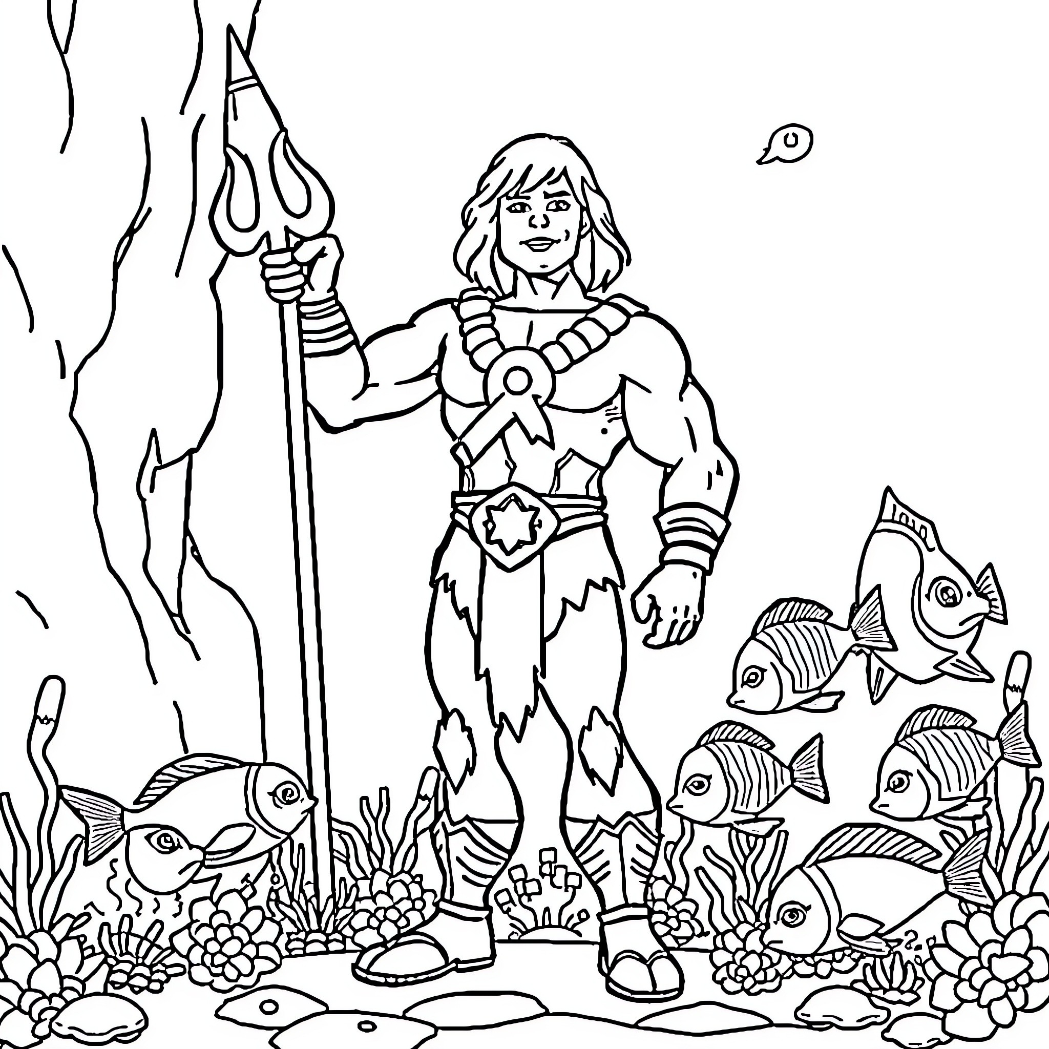 He-Man stands tall with his powerful staff in the underwater scene Coloring Page (free black-and-white line drawing printable PDF for all, from beginners to advanced learners, including children, teens, adults, and seniors)