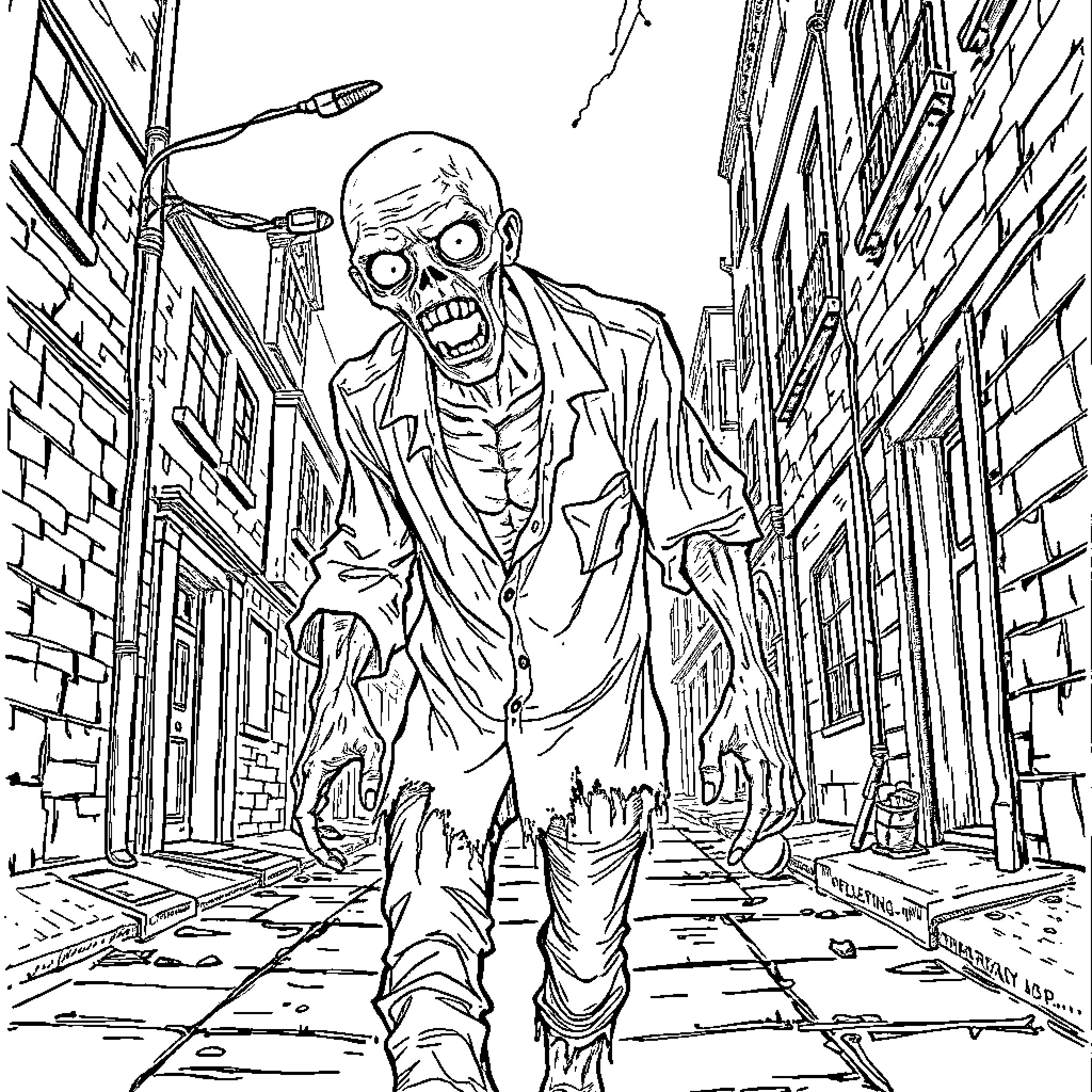 Zombie Stalking Through Desolate City Streets Coloring Page (free black-and-white line drawing printable PDF for all, from beginners to advanced learners, including children, teens, adults, and seniors)