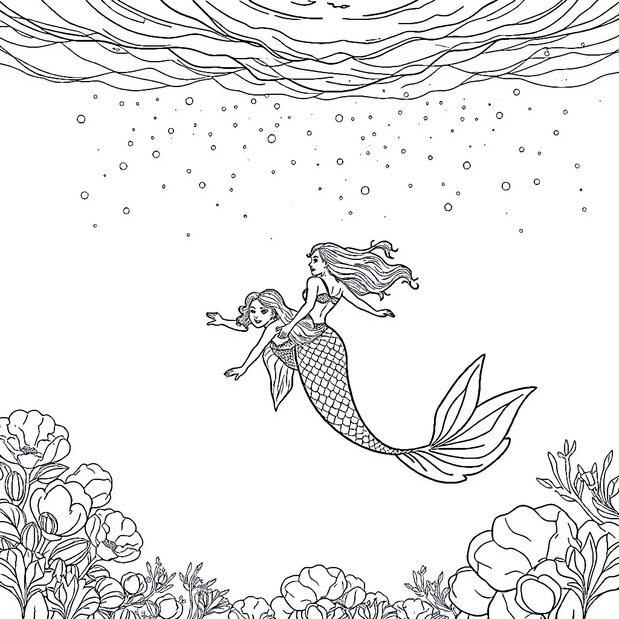 Mermaid swimming playfully in the ocean Coloring Page (free black-and-white line drawing printable PDF for all, from beginners to advanced learners, including children, teens, adults, and seniors)