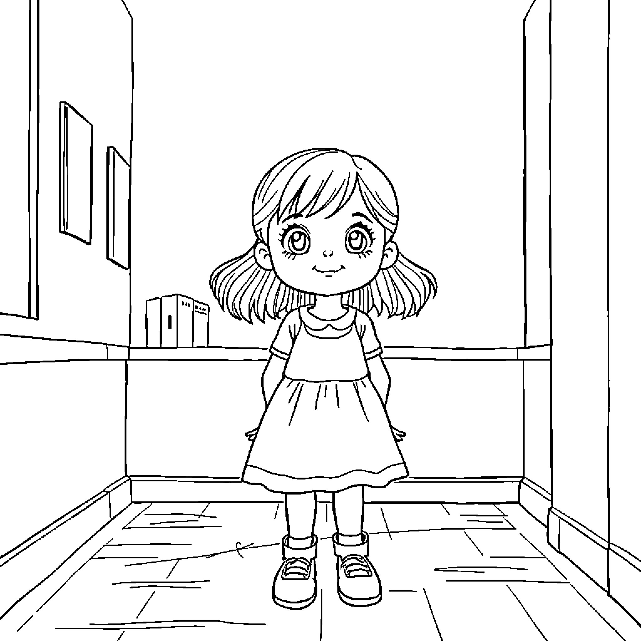 Woman standing in a hallway with a cheerful expression Coloring Page (free black-and-white line drawing printable PDF for all, from beginners to advanced learners, including children, teens, adults, and seniors)