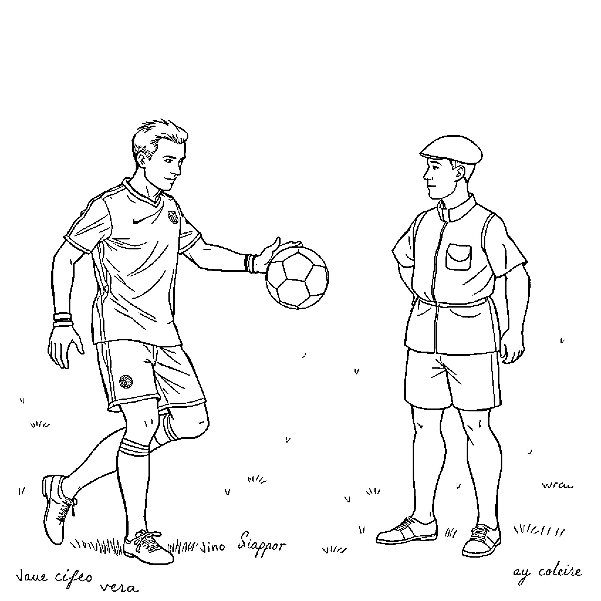Futbolista in action with soccer referee Coloring Page (free black-and-white line drawing printable PDF for all, from beginners to advanced learners, including children, teens, adults, and seniors)