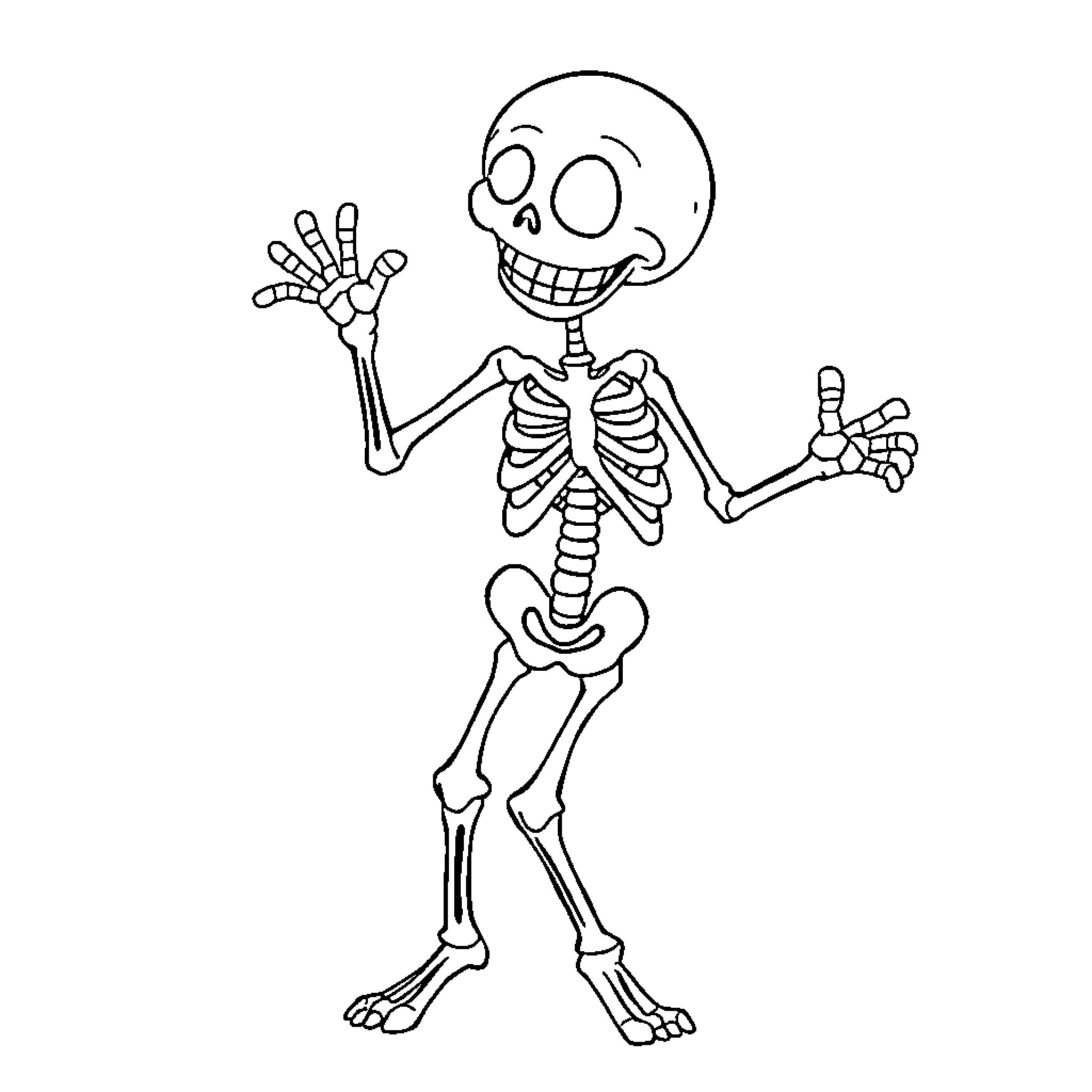 Skeleton waving and expressing happiness Coloring Page (free black-and-white line drawing printable PDF for all, from beginners to advanced learners, including children, teens, adults, and seniors)