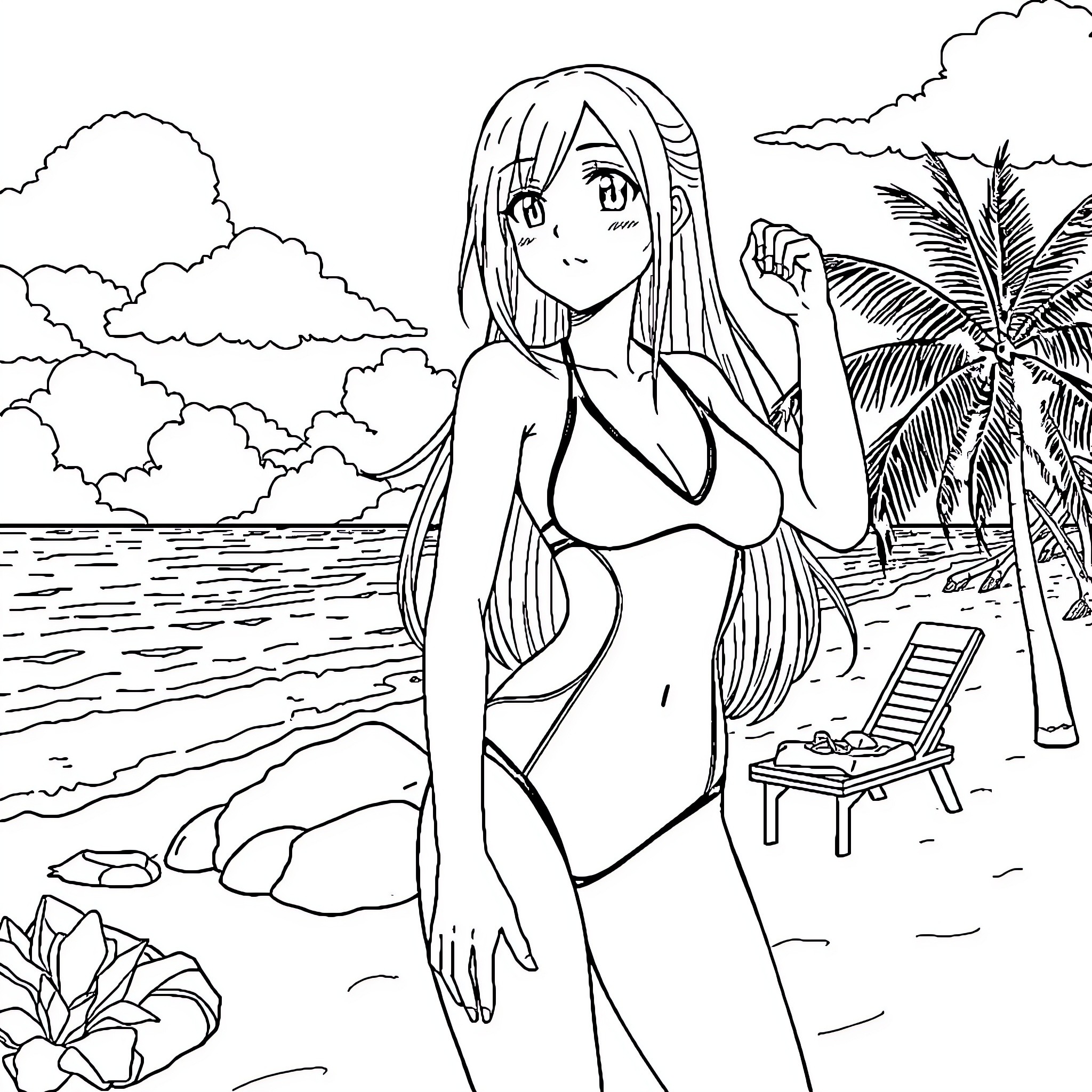Asuna enjoying a sunny day at the beach Coloring Page (free black-and-white line drawing printable PDF for all, from beginners to advanced learners, including children, teens, adults, and seniors)
