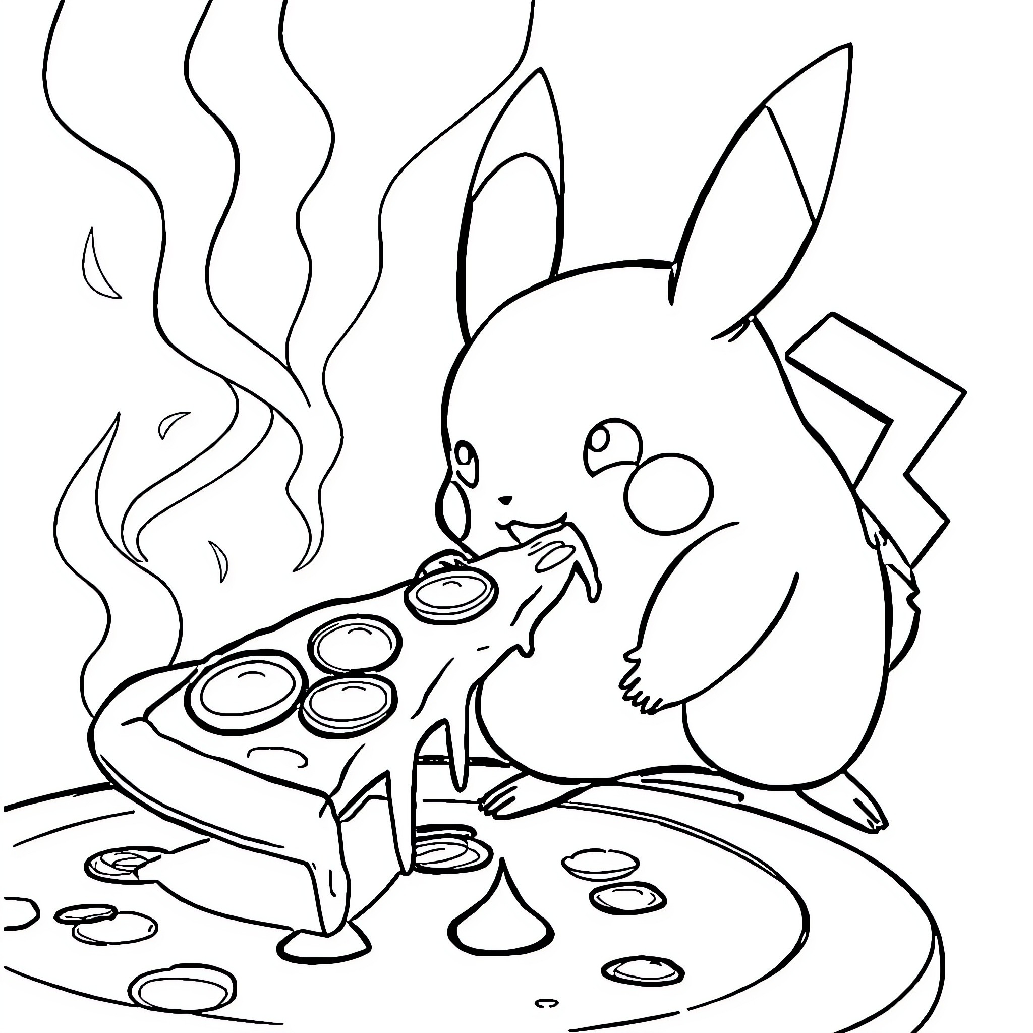 Pikachu enjoying a hot meal Coloring Page (free black-and-white line drawing printable PDF for all, from beginners to advanced learners, including children, teens, adults, and seniors)