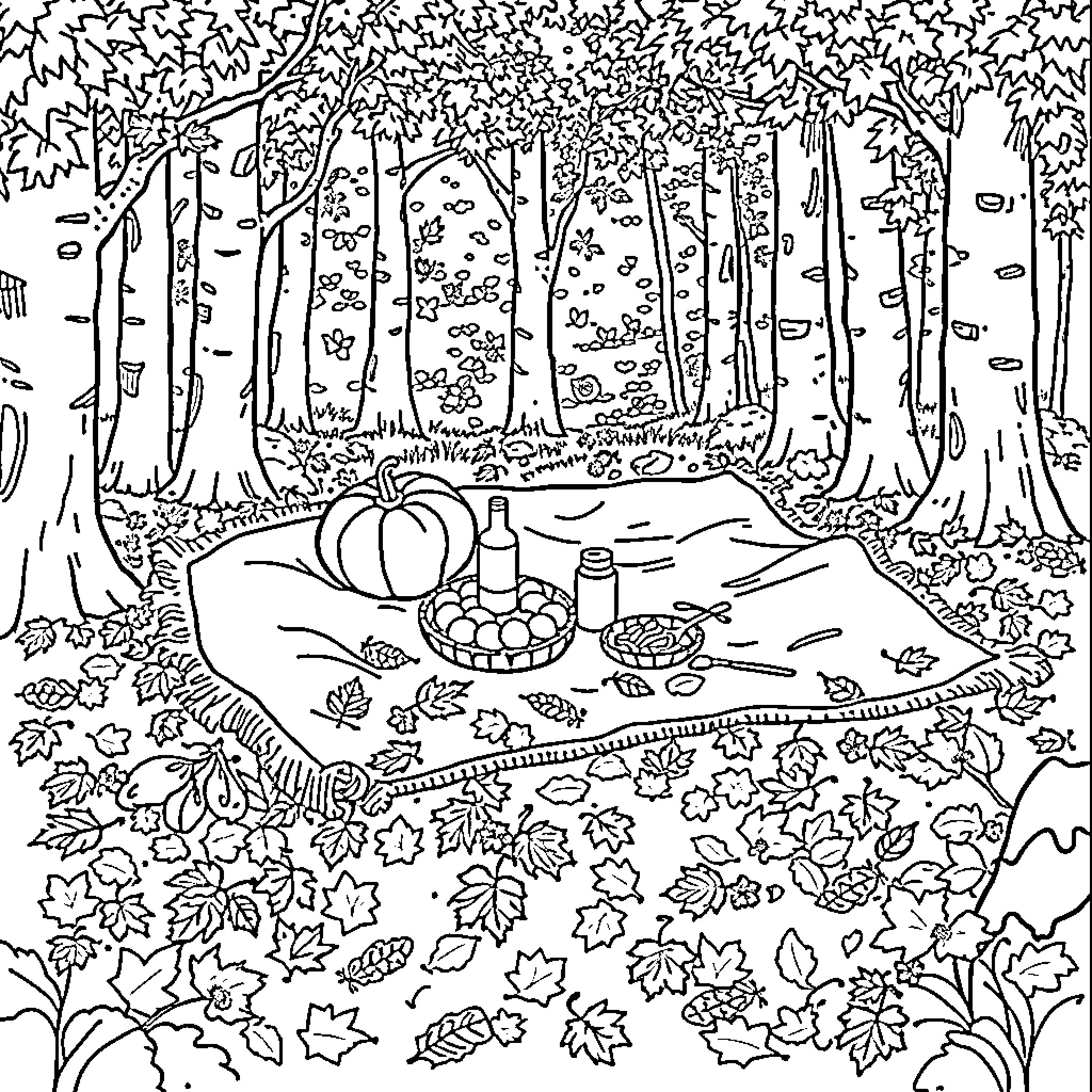 Forest picnic scene with autumn leaves Coloring Page (free black-and-white line drawing printable PDF for all, from beginners to advanced learners, including children, teens, adults, and seniors)