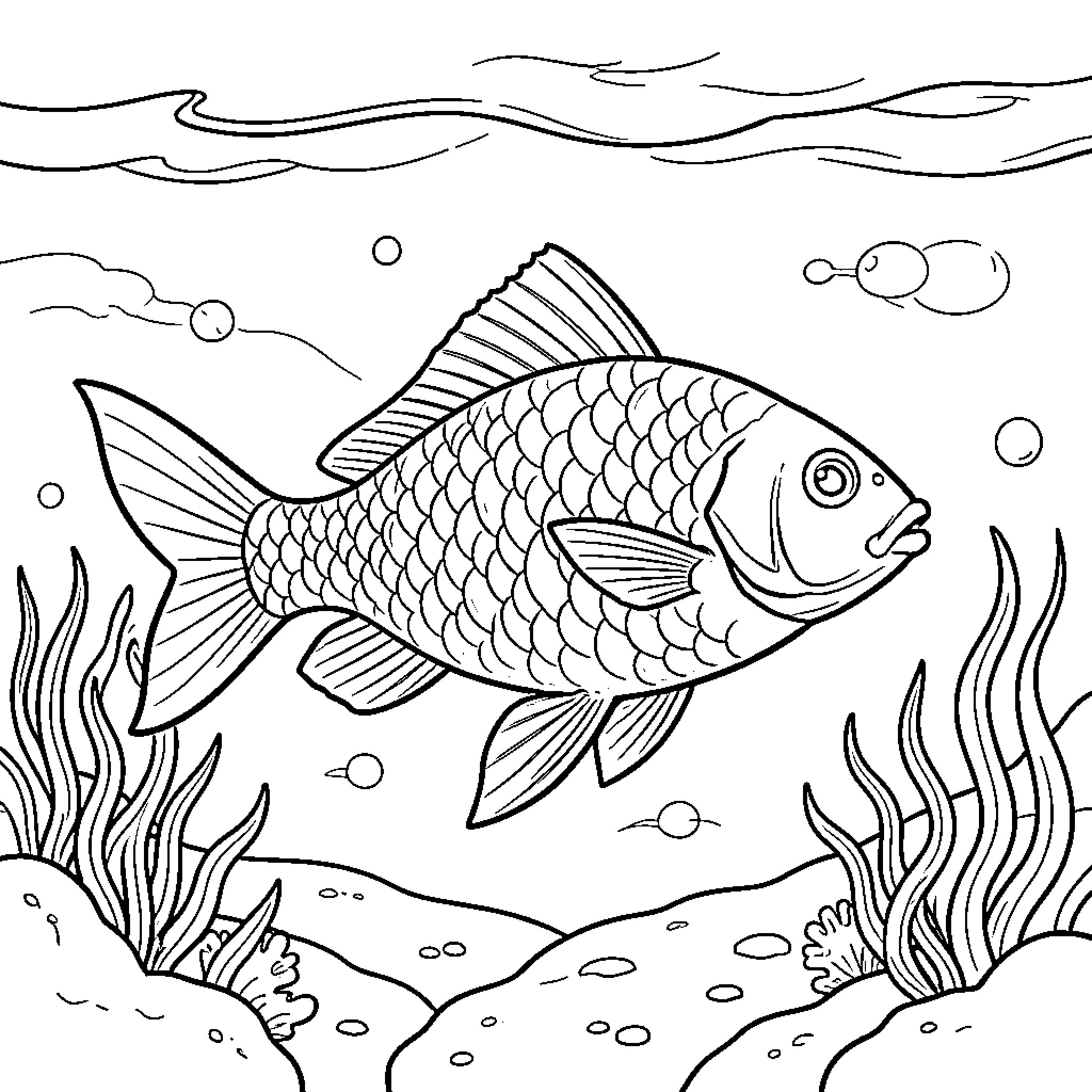 Fish swimming in the underwater scene Coloring Page (free black-and-white line drawing printable PDF for all, from beginners to advanced learners, including children, teens, adults, and seniors)