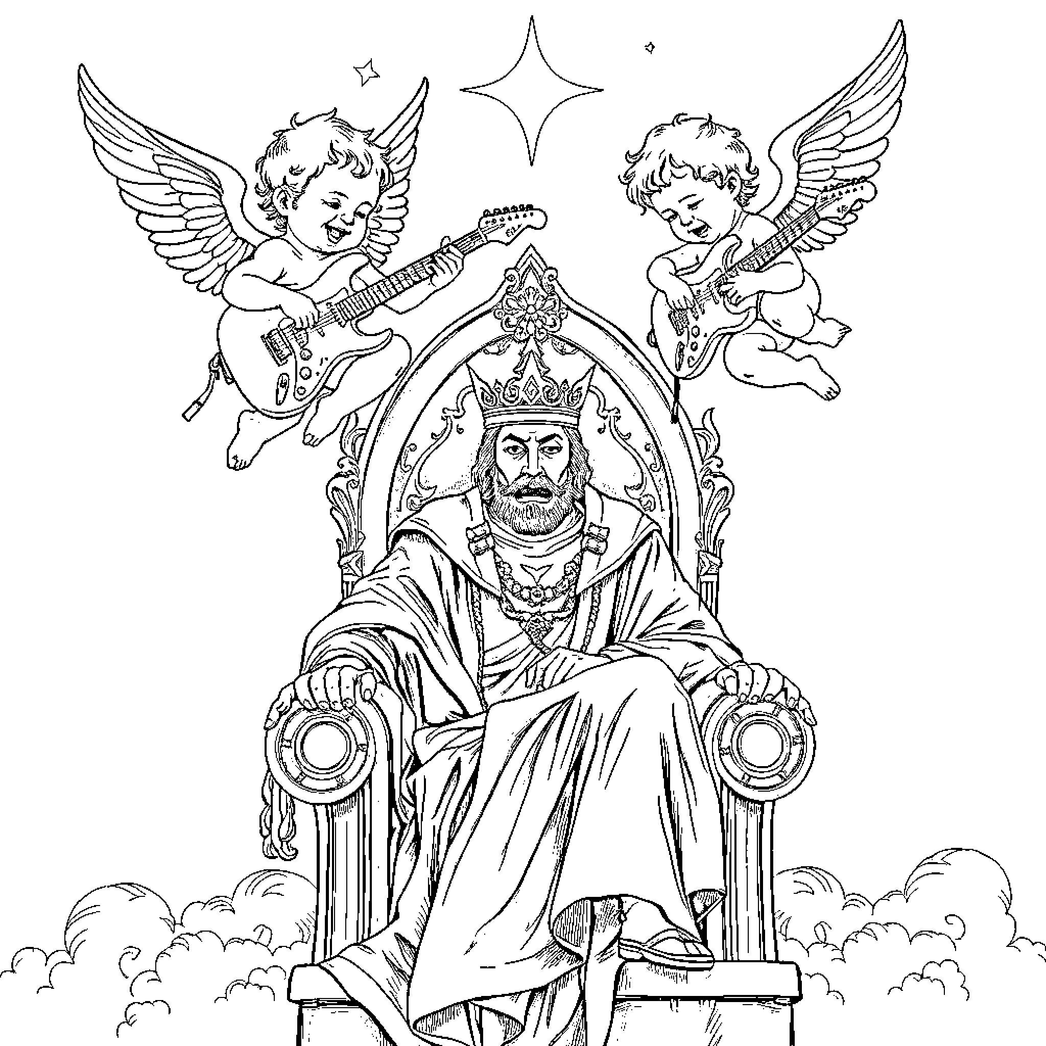 Cherub Musicians Serenading Regal Figure Coloring Page (free black-and-white line drawing printable PDF for all, from beginners to advanced learners, including children, teens, adults, and seniors)