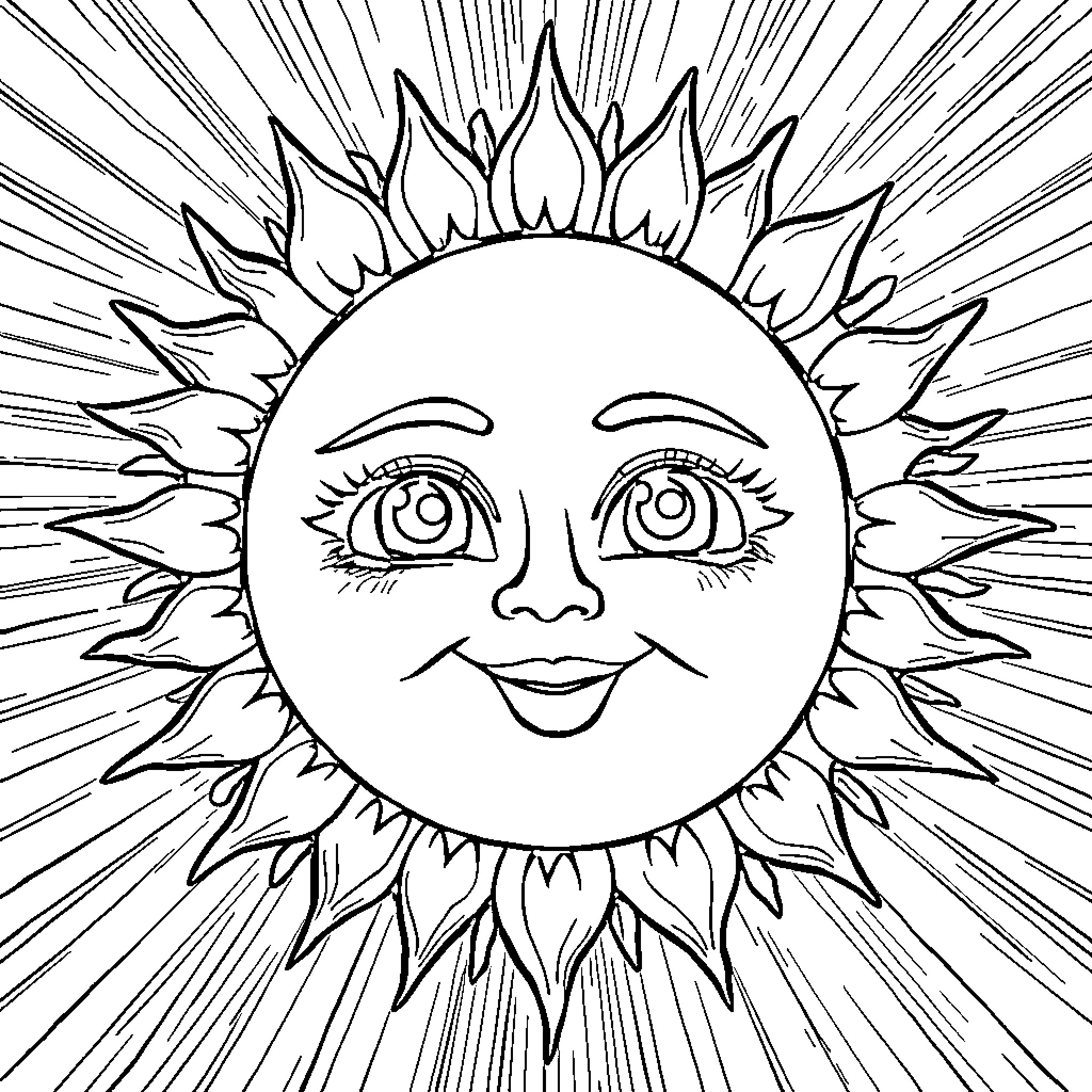 Sun's Cheerful Radiance Coloring Page (free black-and-white line drawing printable PDF for all, from beginners to advanced learners, including children, teens, adults, and seniors)