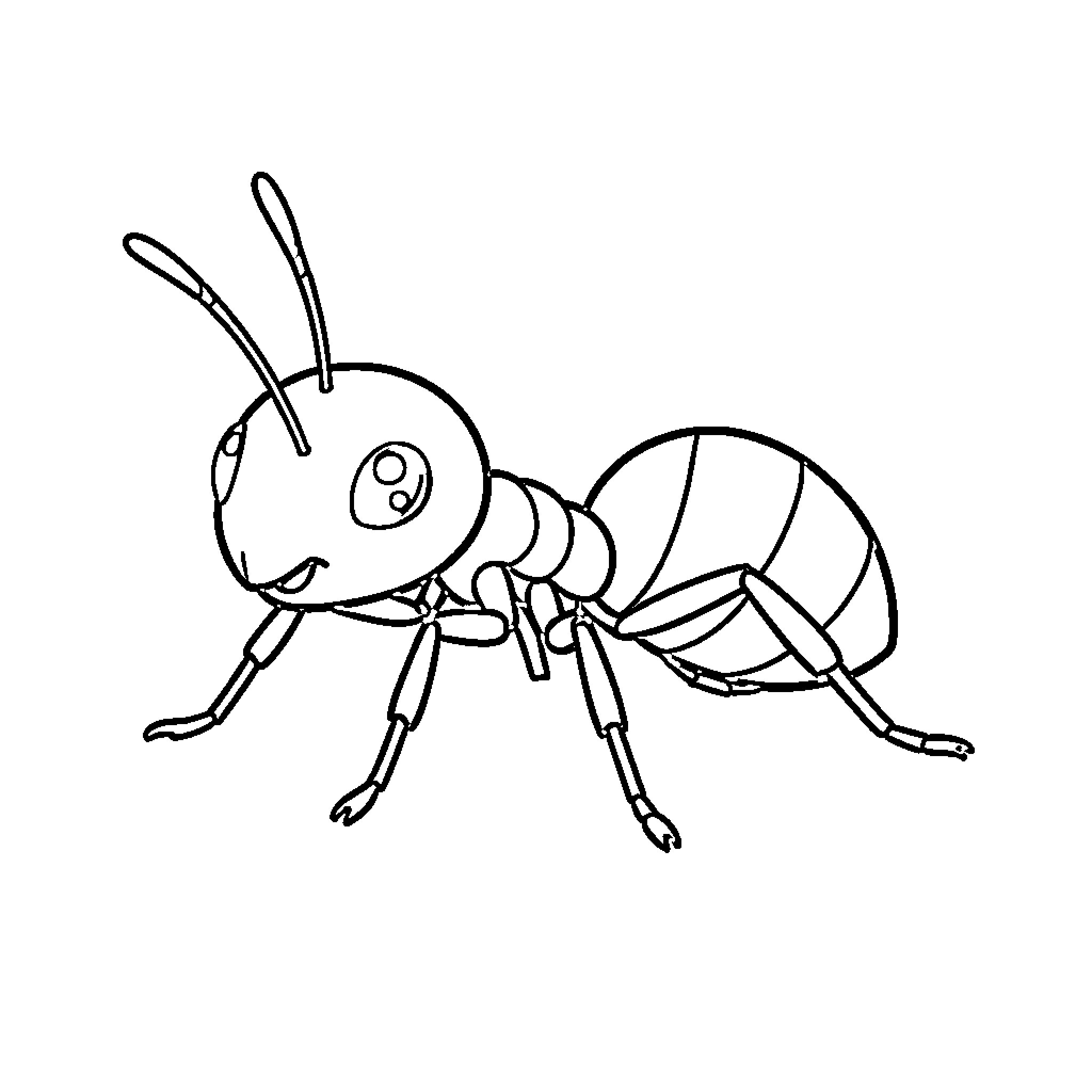 Ant with a friendly expression Coloring Page (free black-and-white line drawing printable PDF for all, from beginners to advanced learners, including children, teens, adults, and seniors)