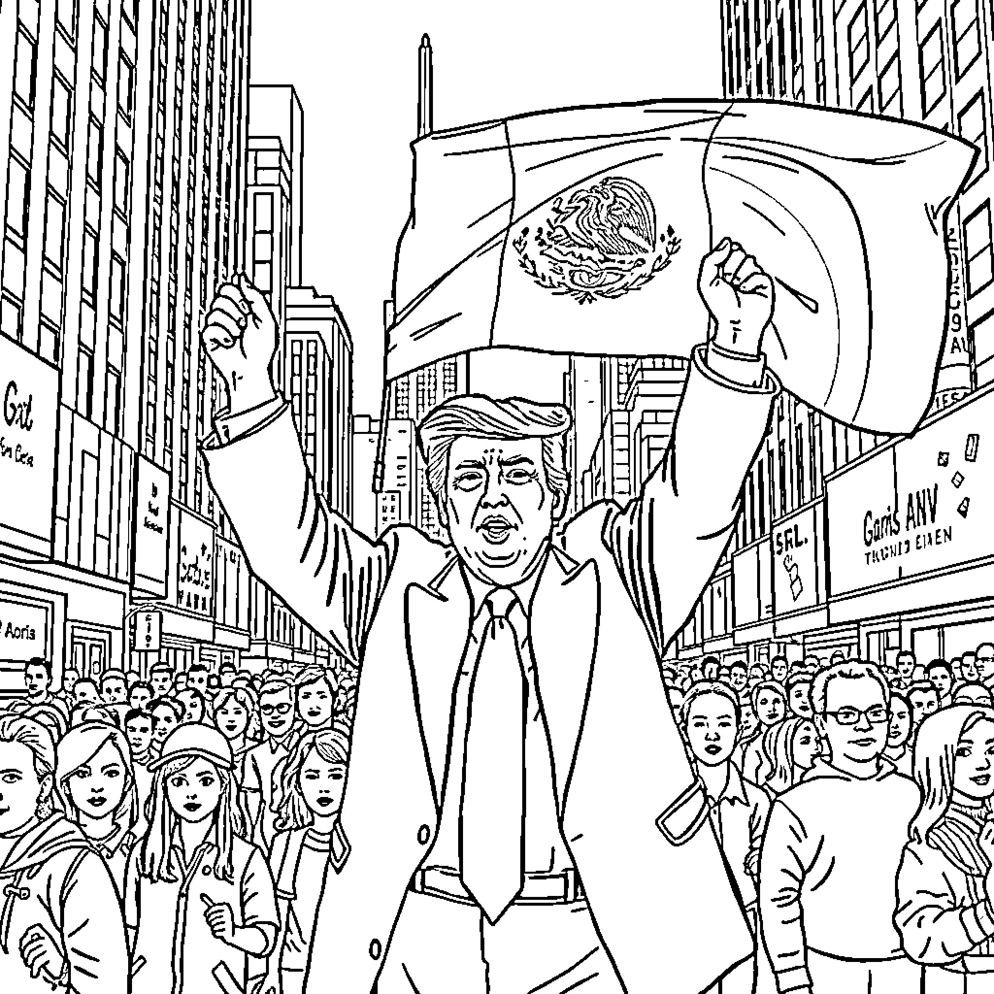 Donald Trump in a crowd, holding a flag Coloring Page (free black-and-white line drawing printable PDF for all, from beginners to advanced learners, including children, teens, adults, and seniors)