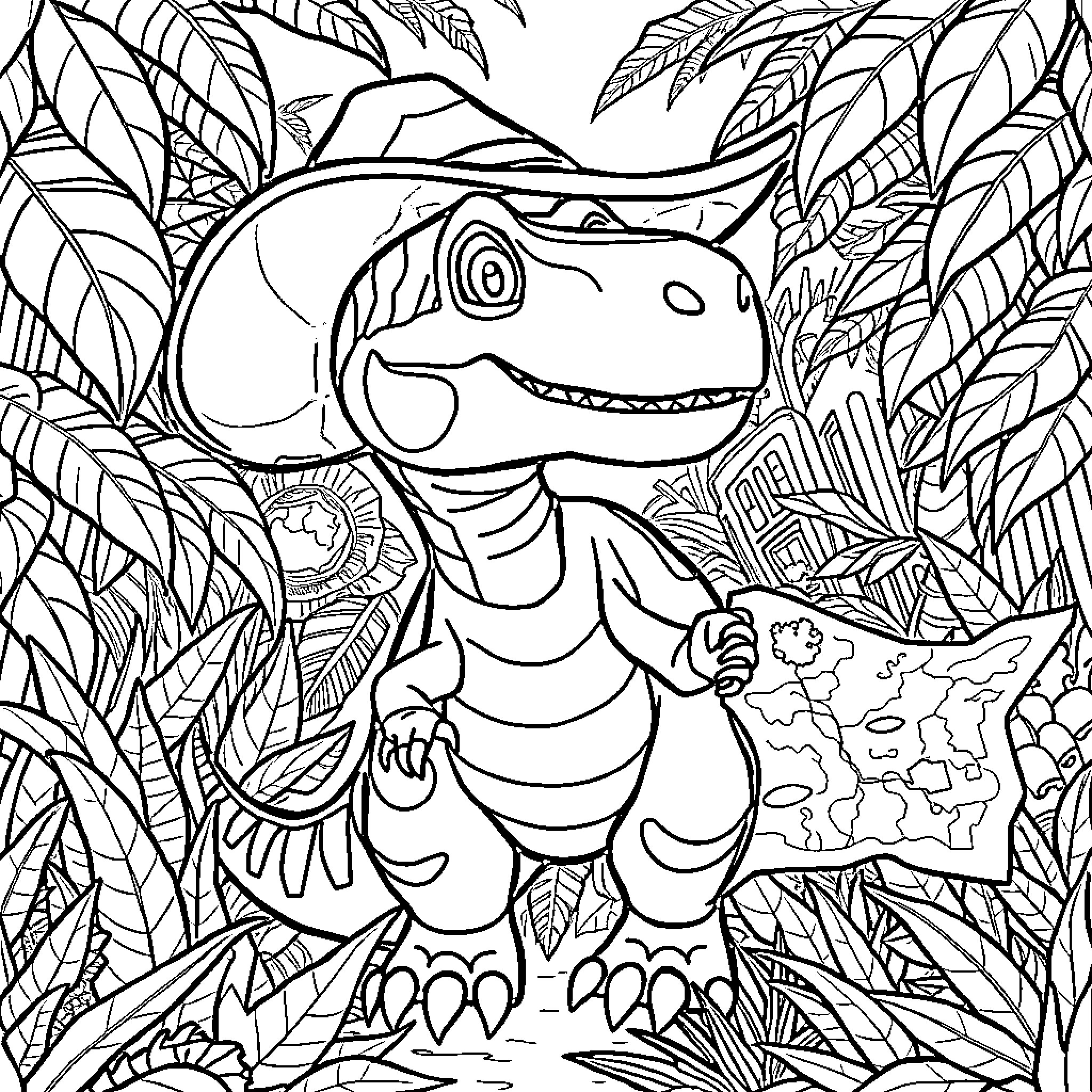 Dinosaur exploring the lush jungle with curiosity Coloring Page (free black-and-white line drawing printable PDF for all, from beginners to advanced learners, including children, teens, adults, and seniors)