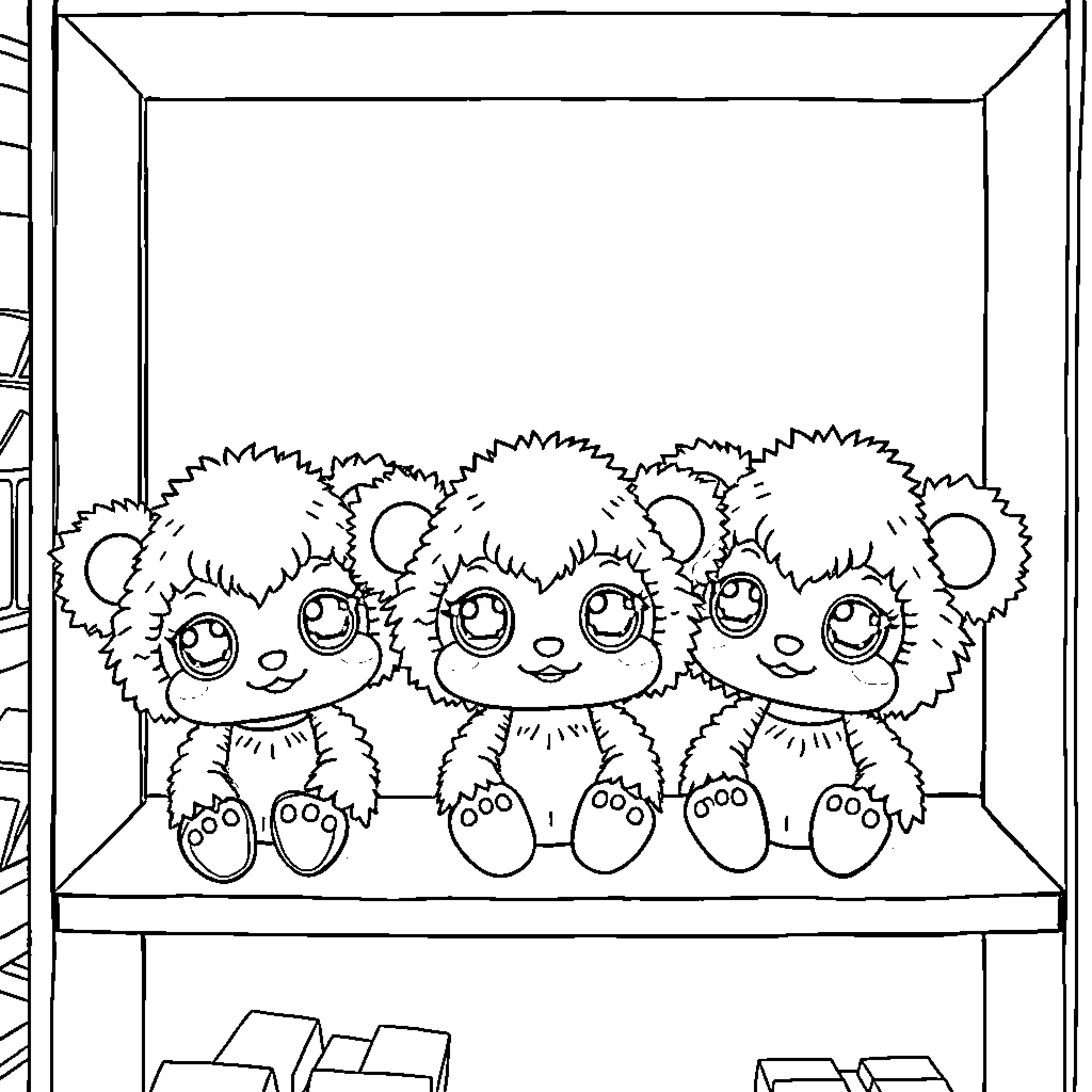 Labubu cute stuffed animals in display case Coloring Page (free black-and-white line drawing printable PDF for all, from beginners to advanced learners, including children, teens, adults, and seniors)