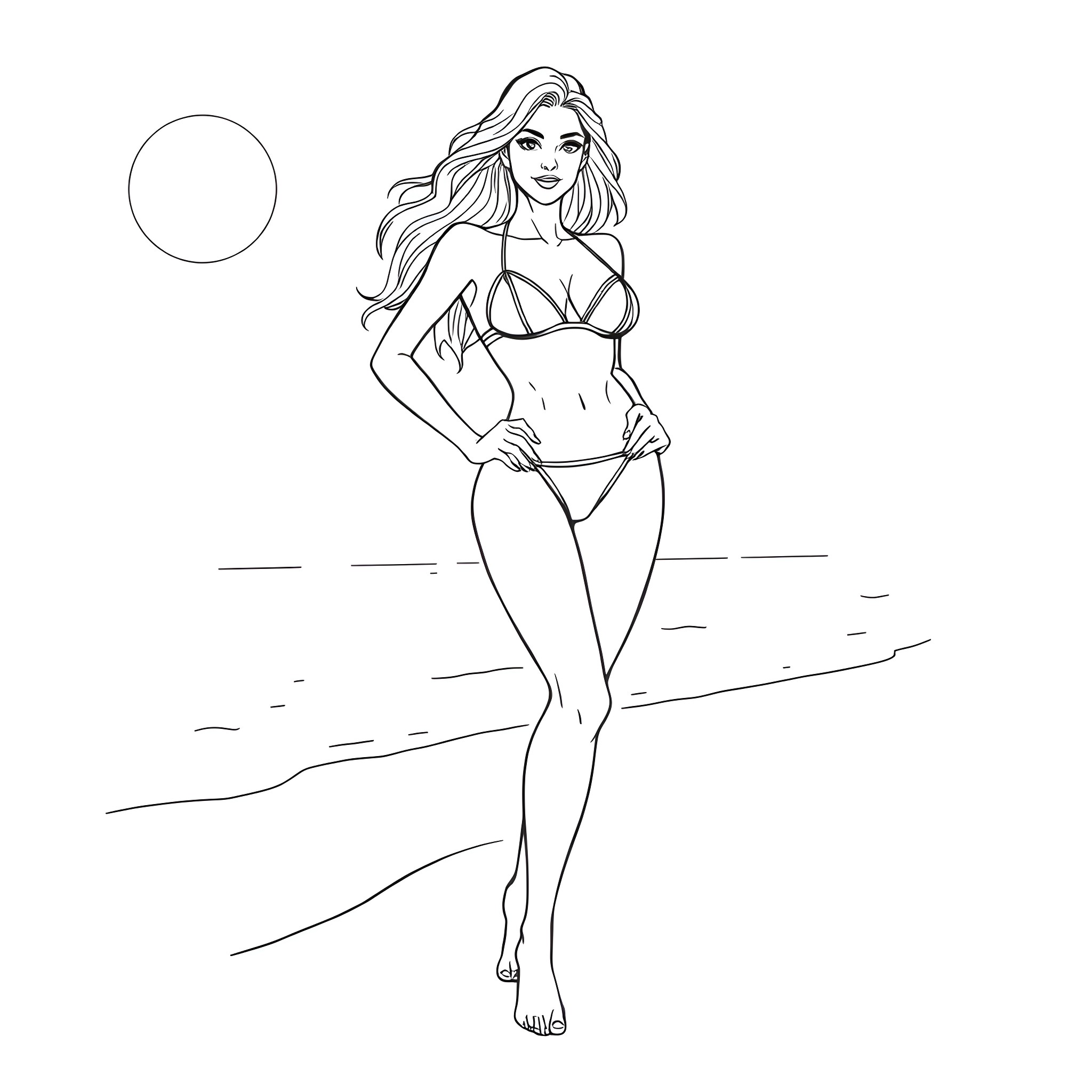 Woman posing confidently in a swimsuit on the beach Coloring Page (free black-and-white line drawing printable PDF for all, from beginners to advanced learners, including children, teens, adults, and seniors)