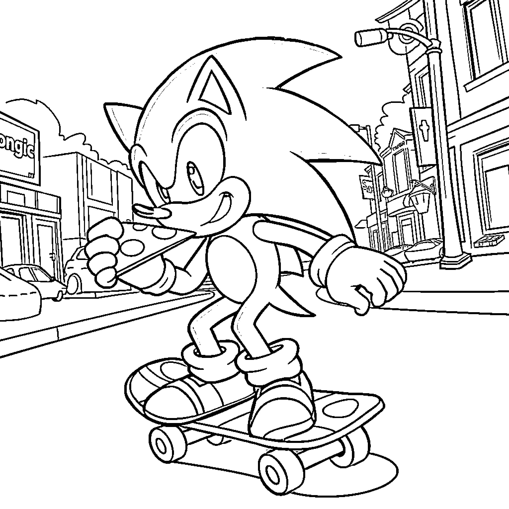 Sonic speeding on a skateboard through the city Coloring Page (free black-and-white line drawing printable PDF for all, from beginners to advanced learners, including children, teens, adults, and seniors)