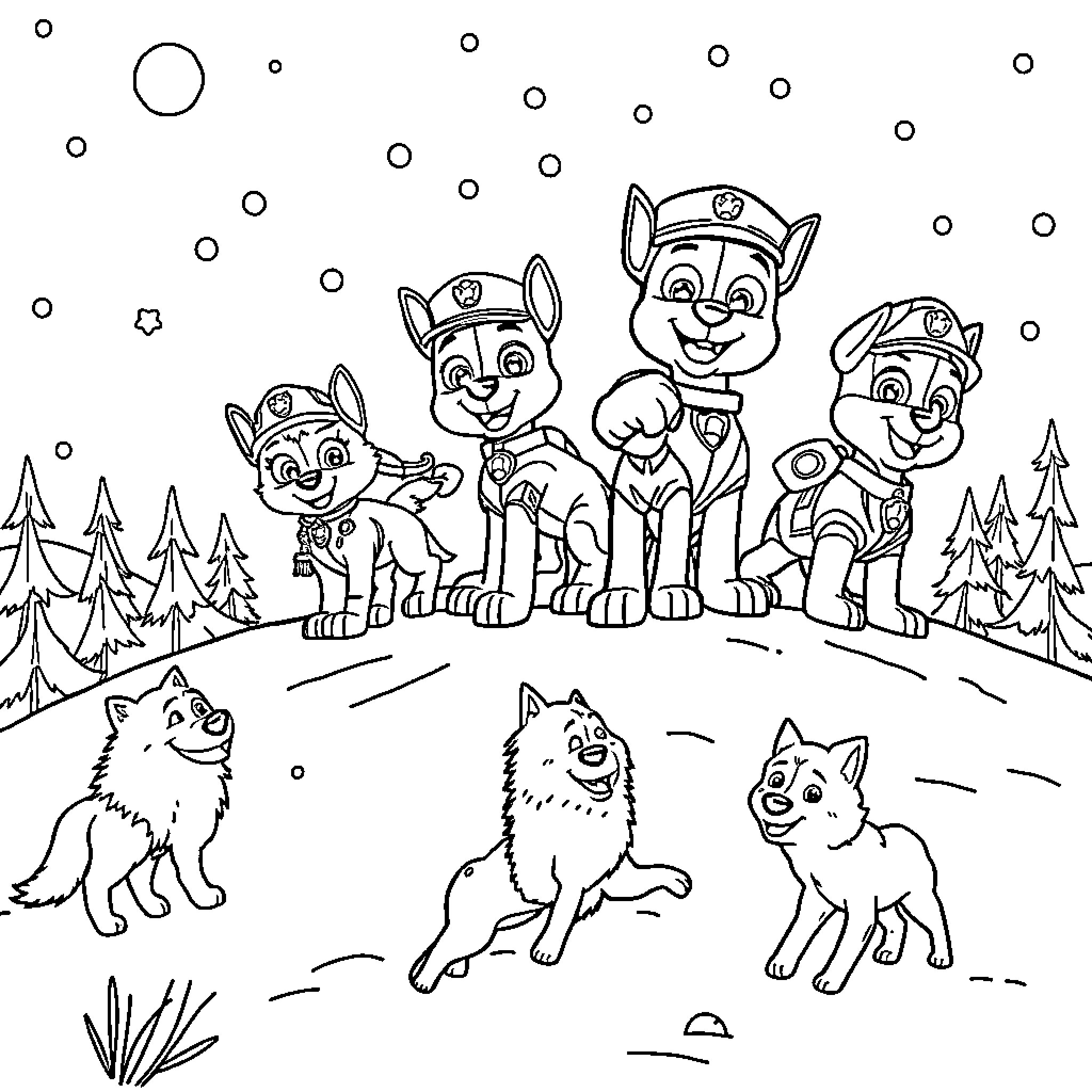 Paw Patrol pups in wintry outdoor adventure Coloring Page (free black-and-white line drawing printable PDF for all, from beginners to advanced learners, including children, teens, adults, and seniors)