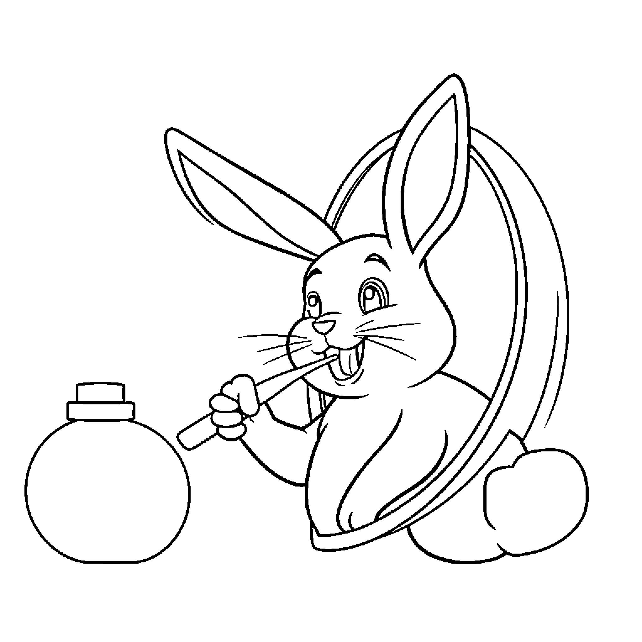 Bunny brushing teeth with happy expression Coloring Page (free black-and-white line drawing printable PDF for all, from beginners to advanced learners, including children, teens, adults, and seniors)