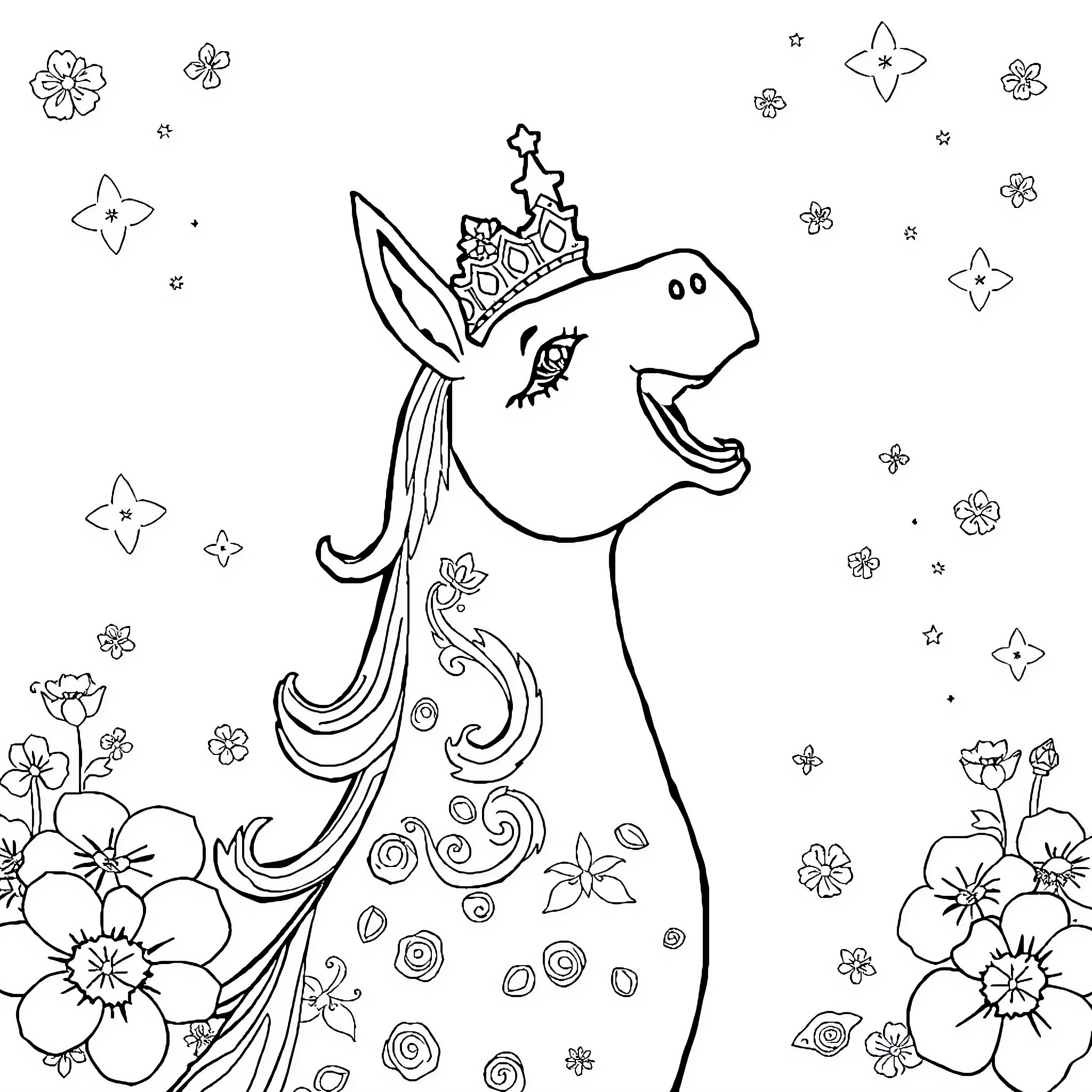 Tralalero Unicorn Dancing Among Flowers Coloring Page (free black-and-white line drawing printable PDF for all, from beginners to advanced learners, including children, teens, adults, and seniors)