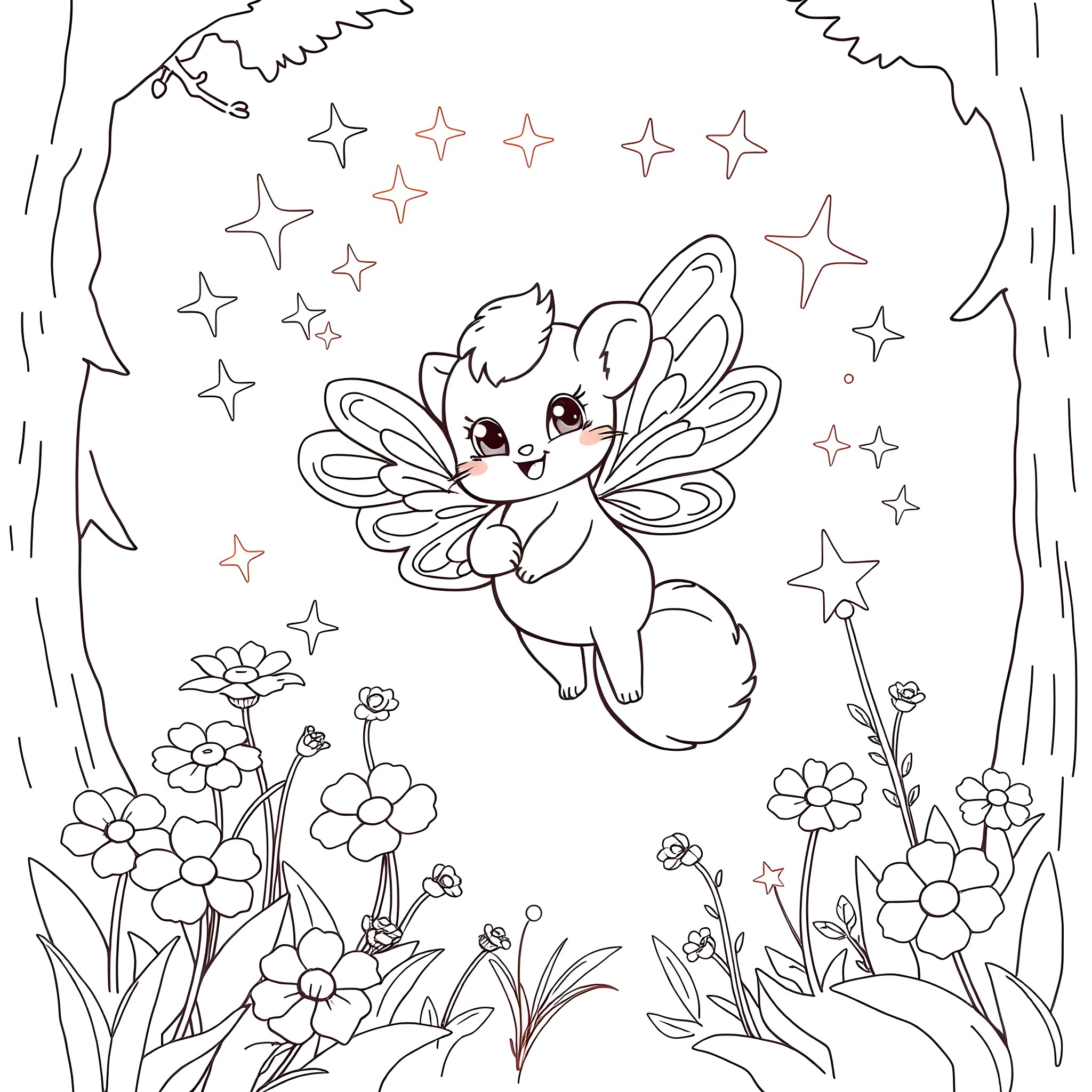 Furbie flying happily among the stars and flowers Coloring Page (free black-and-white line drawing printable PDF for all, from beginners to advanced learners, including children, teens, adults, and seniors)