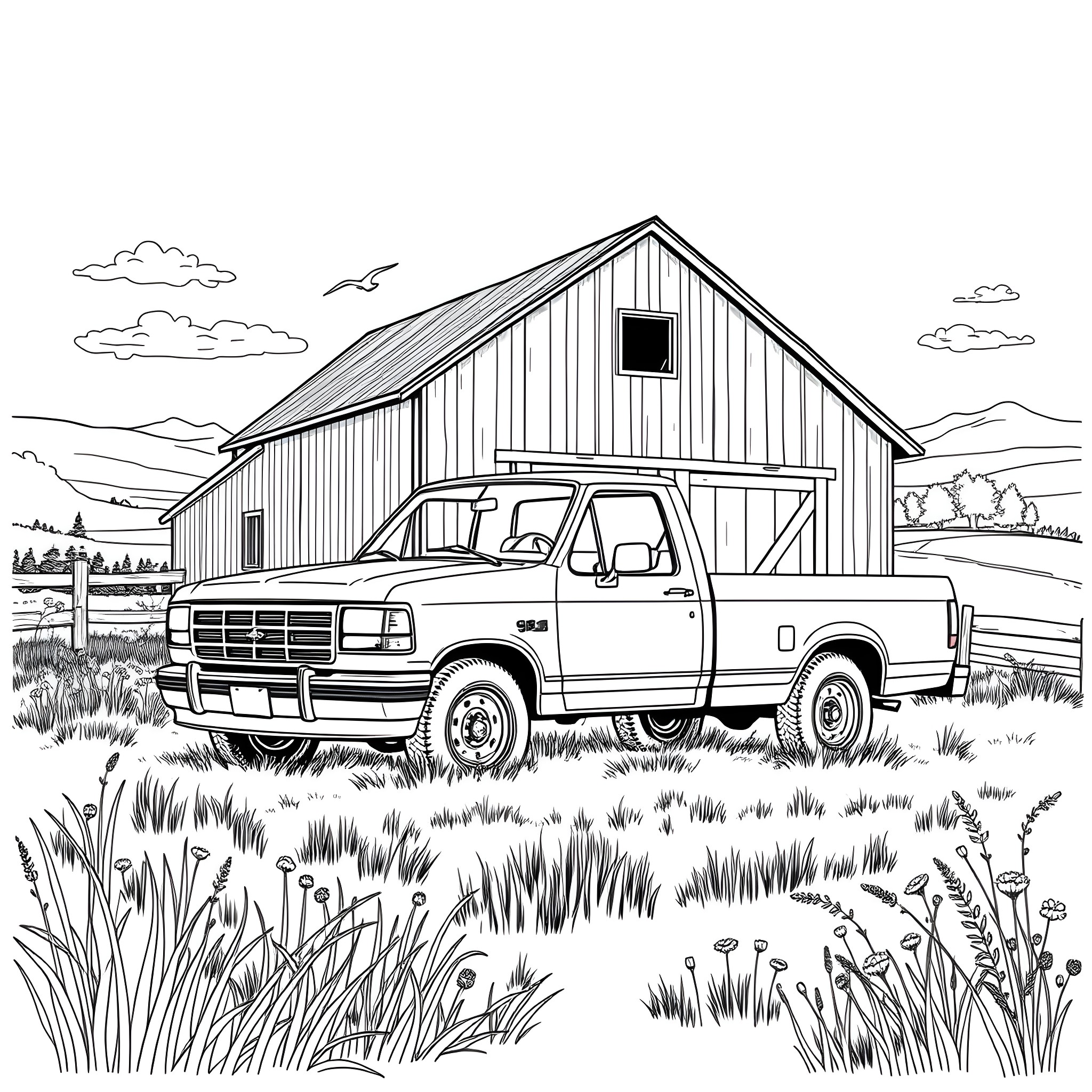 Pickup truck in a rural countryside setting Coloring Page (free black-and-white line drawing printable PDF for all, from beginners to advanced learners, including children, teens, adults, and seniors)