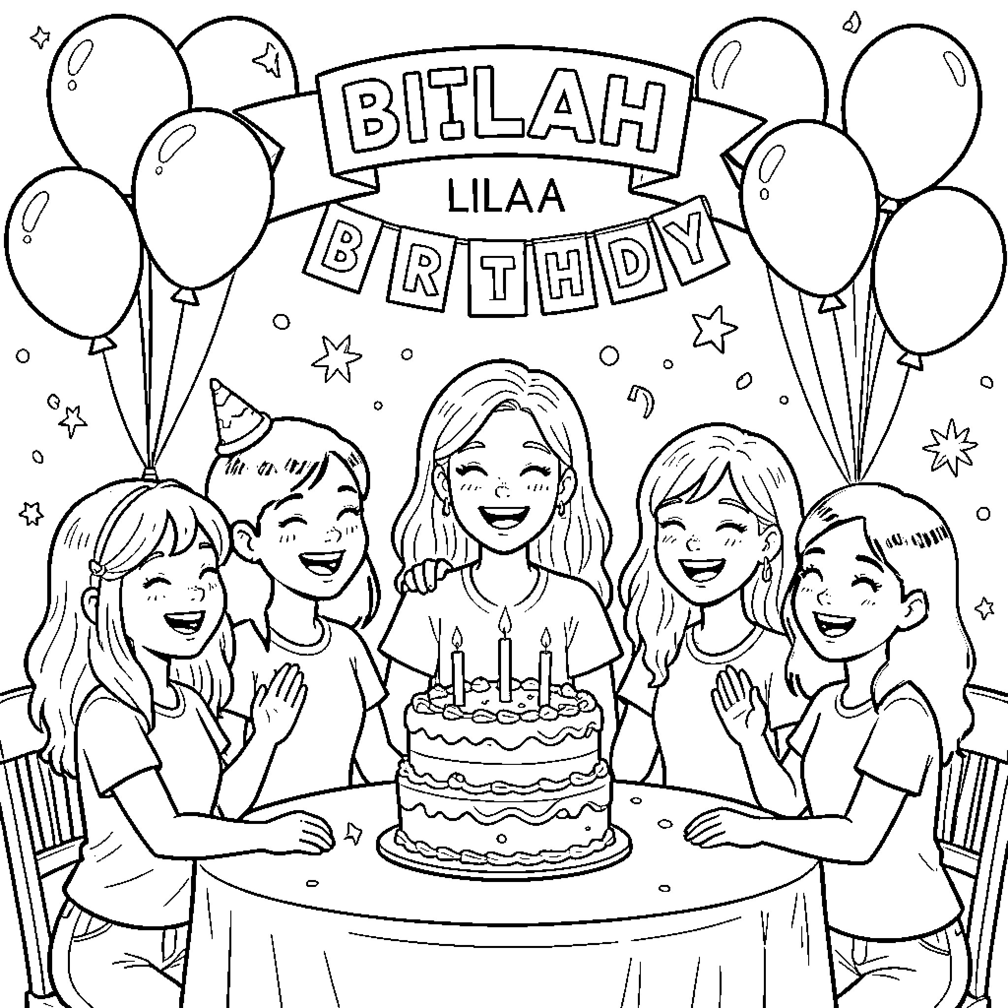 Birthday party with friends celebrating around a cake Coloring Page (free black-and-white line drawing printable PDF for all, from beginners to advanced learners, including children, teens, adults, and seniors)