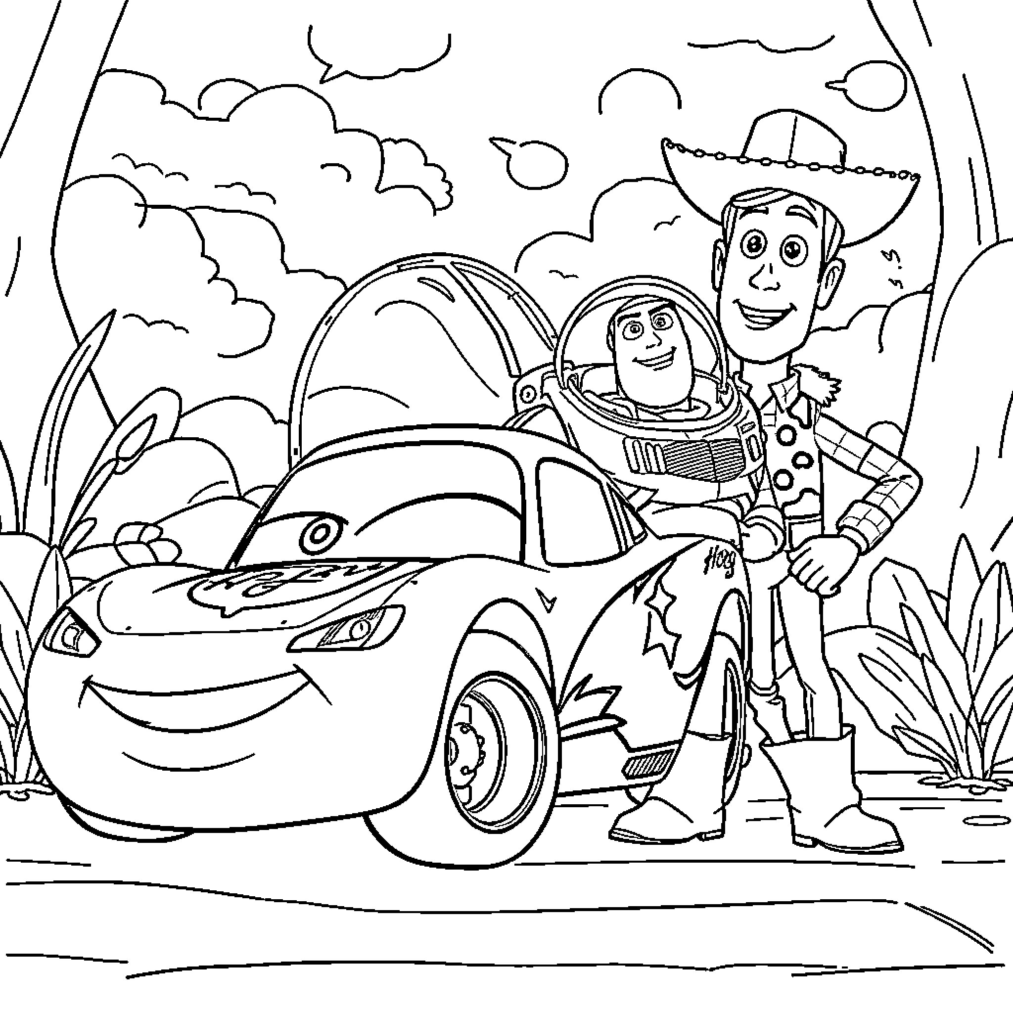 Lightning McQueen and Buzz Lightyear on an adventure Coloring Page (free black-and-white line drawing printable PDF for all, from beginners to advanced learners, including children, teens, adults, and seniors)