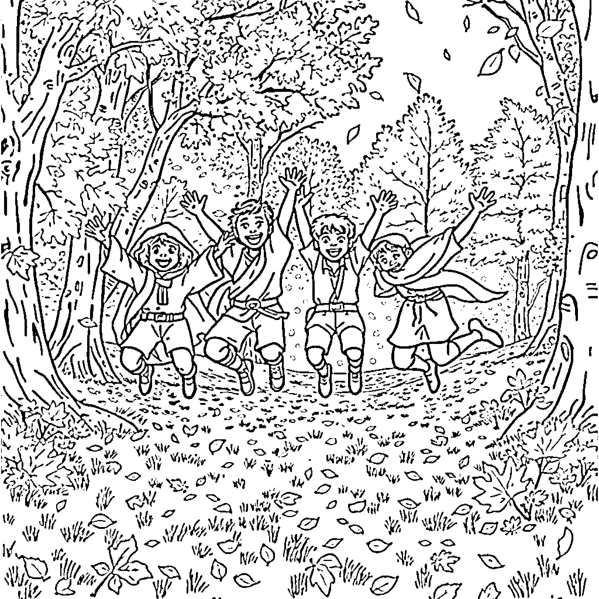 Hobbits enjoying a cheerful adventure in the forest Coloring Page (free black-and-white line drawing printable PDF for all, from beginners to advanced learners, including children, teens, adults, and seniors)