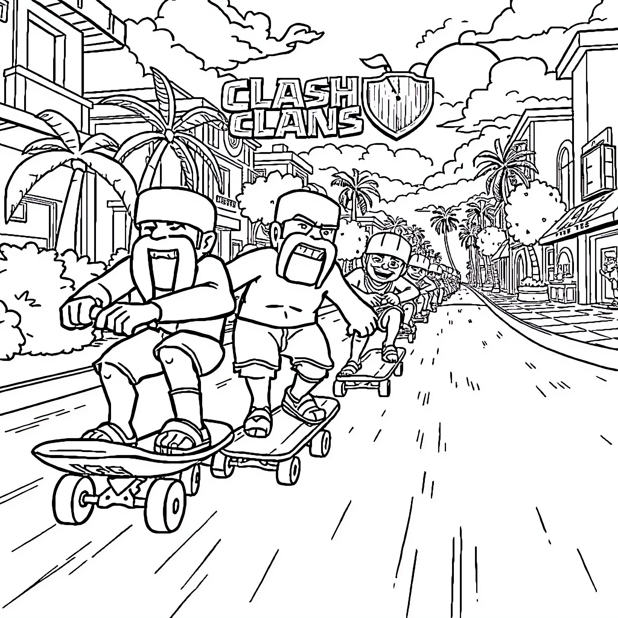 Clash of Clans: Skateboarding Through the Village Coloring Page (free black-and-white line drawing printable PDF for all, from beginners to advanced learners, including children, teens, adults, and seniors)