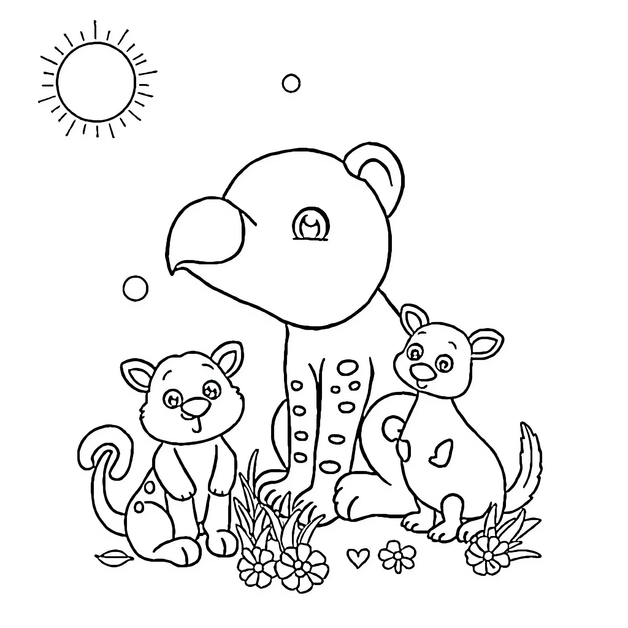 Animal friends playing in the garden Coloring Page (free black-and-white line drawing printable PDF for all, from beginners to advanced learners, including children, teens, adults, and seniors)