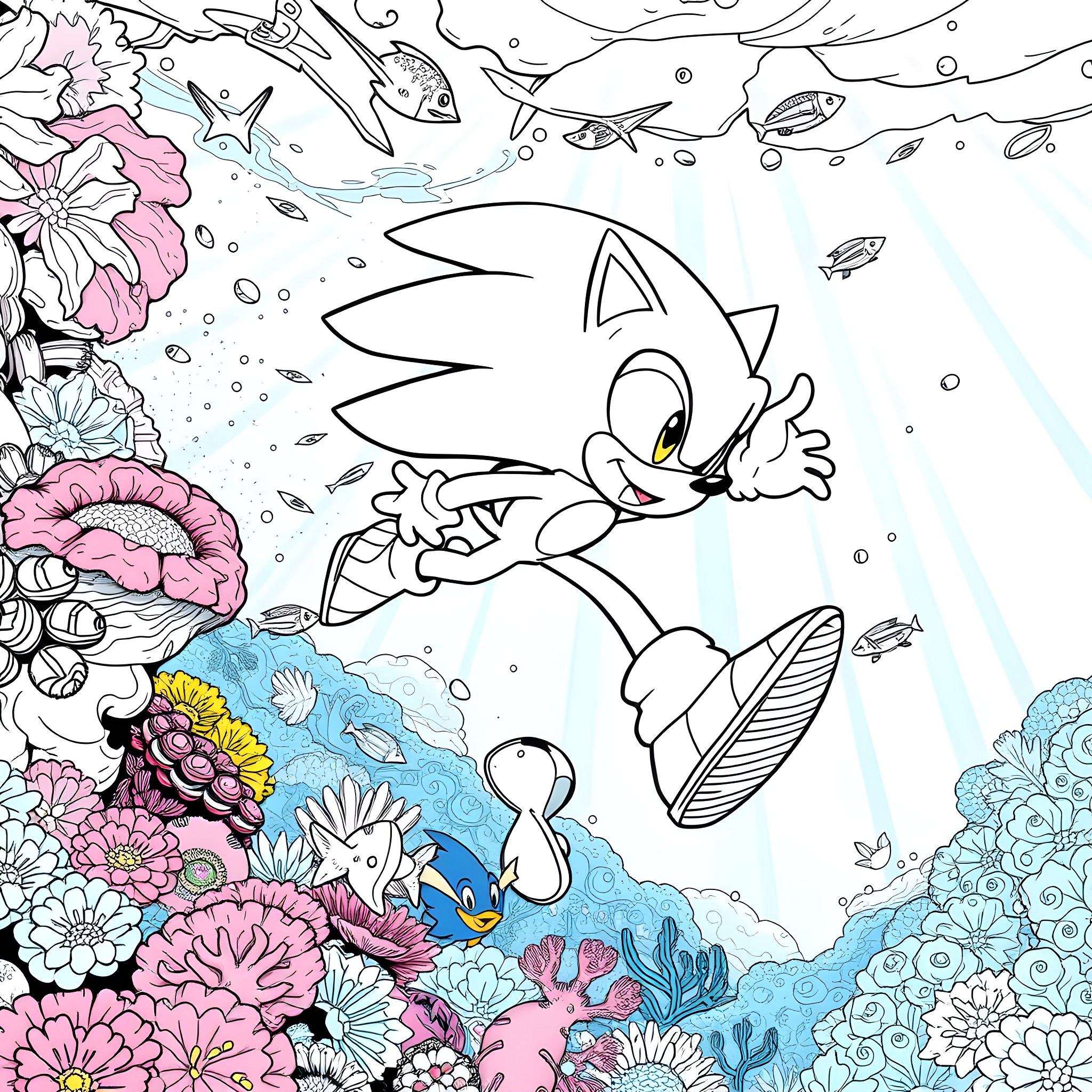 Sonic Adventuring in a Vibrant Underwater World Coloring Page (free black-and-white line drawing printable PDF for all, from beginners to advanced learners, including children, teens, adults, and seniors)