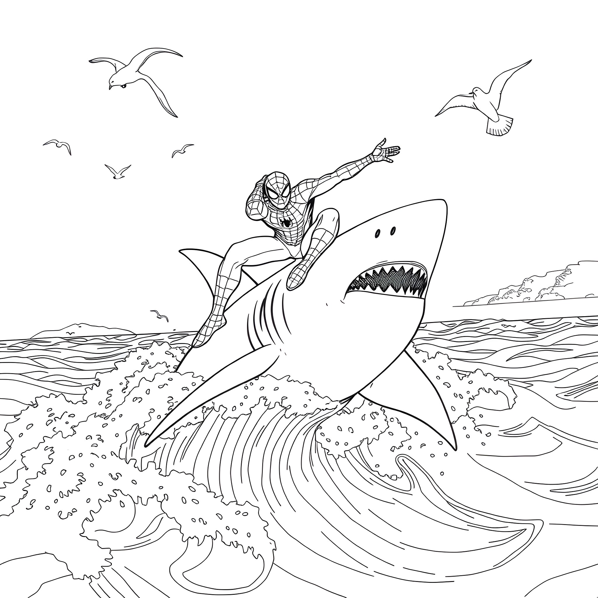 Spiderman fighting with a giant shark in the ocean Coloring Page (free black-and-white line drawing printable PDF for all, from beginners to advanced learners, including children, teens, adults, and seniors)