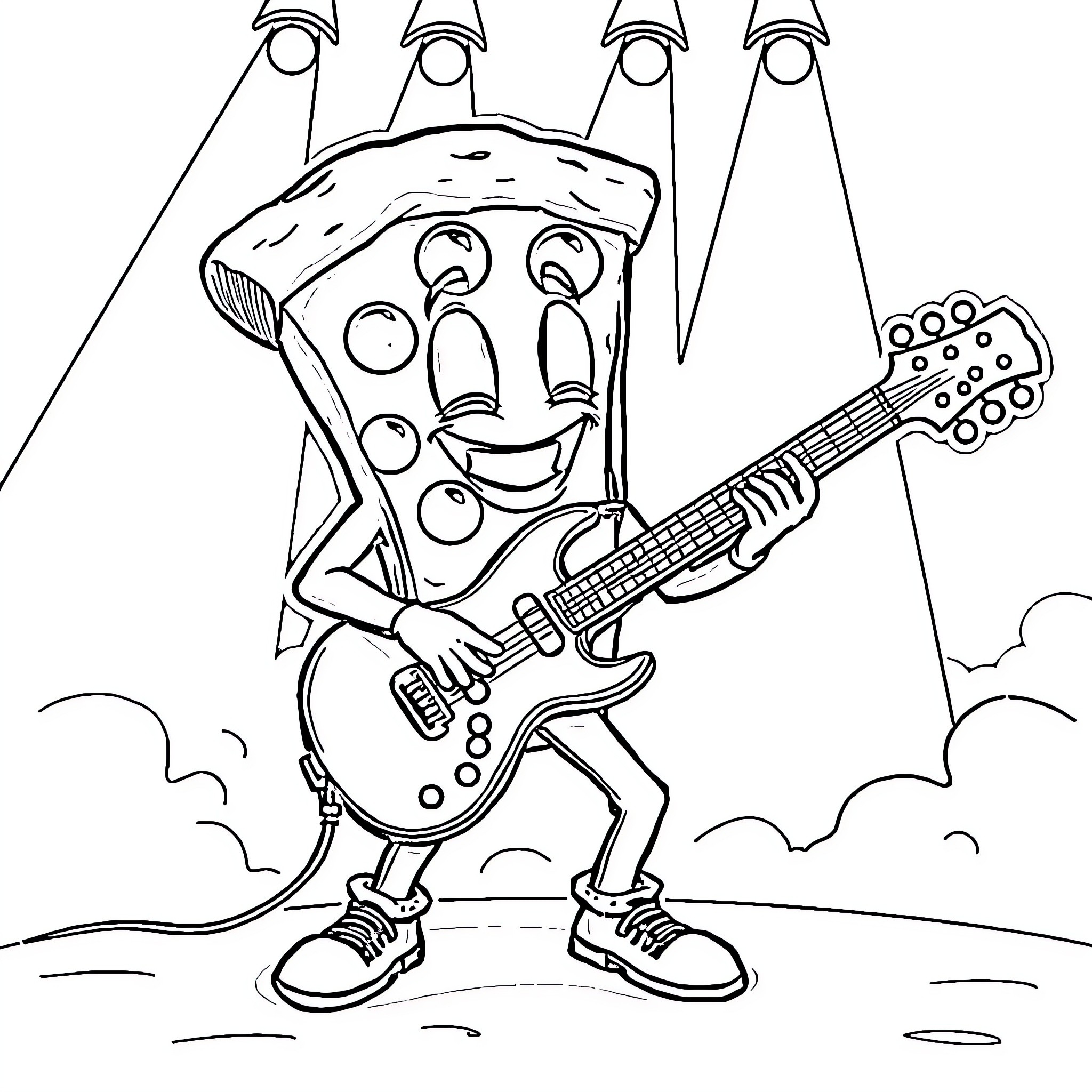 Pizza Playing Guitar Under Spotlights Coloring Page (free black-and-white line drawing printable PDF for all, from beginners to advanced learners, including children, teens, adults, and seniors)