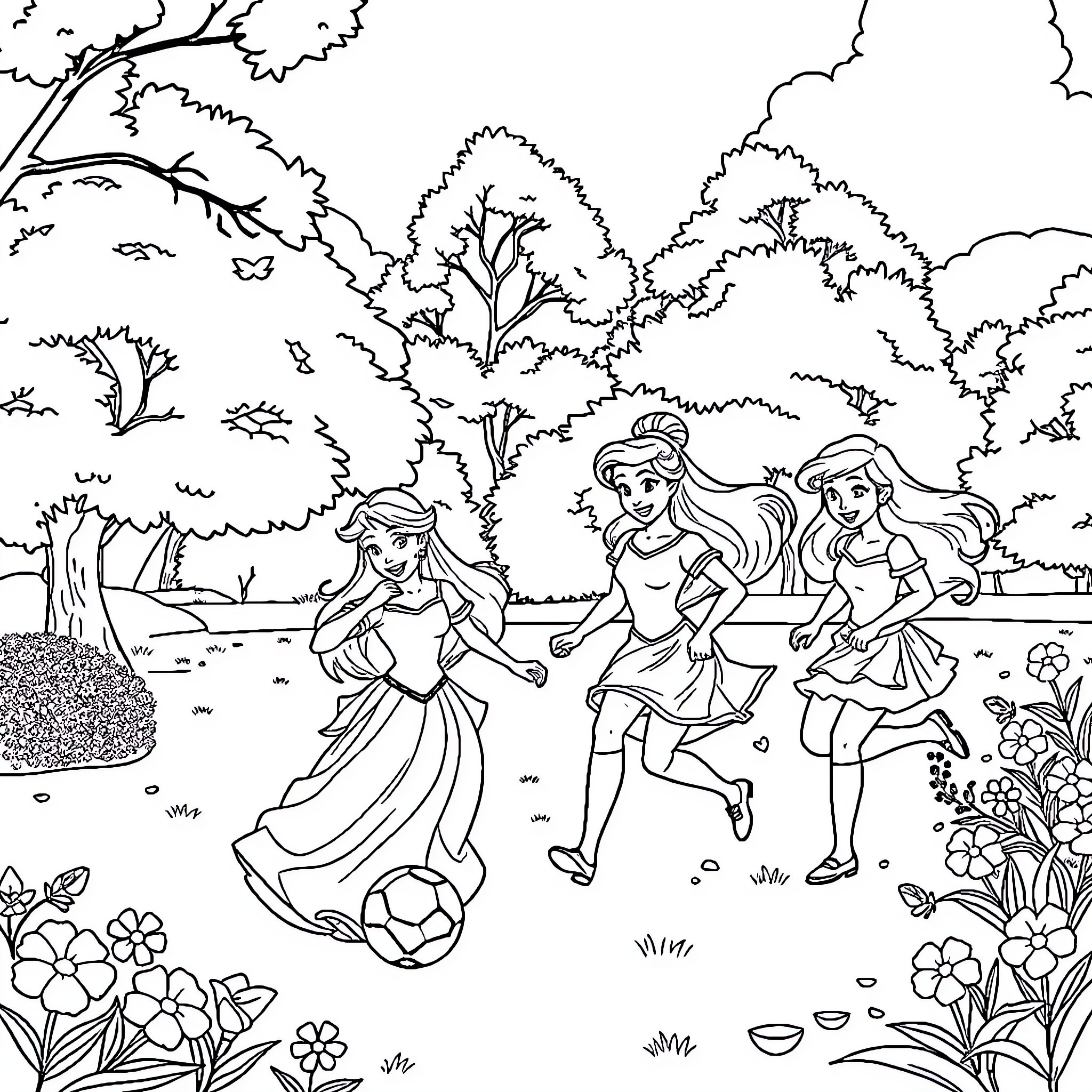 Princess and her friends enjoying outdoor activities Coloring Page (free black-and-white line drawing printable PDF for all, from beginners to advanced learners, including children, teens, adults, and seniors)