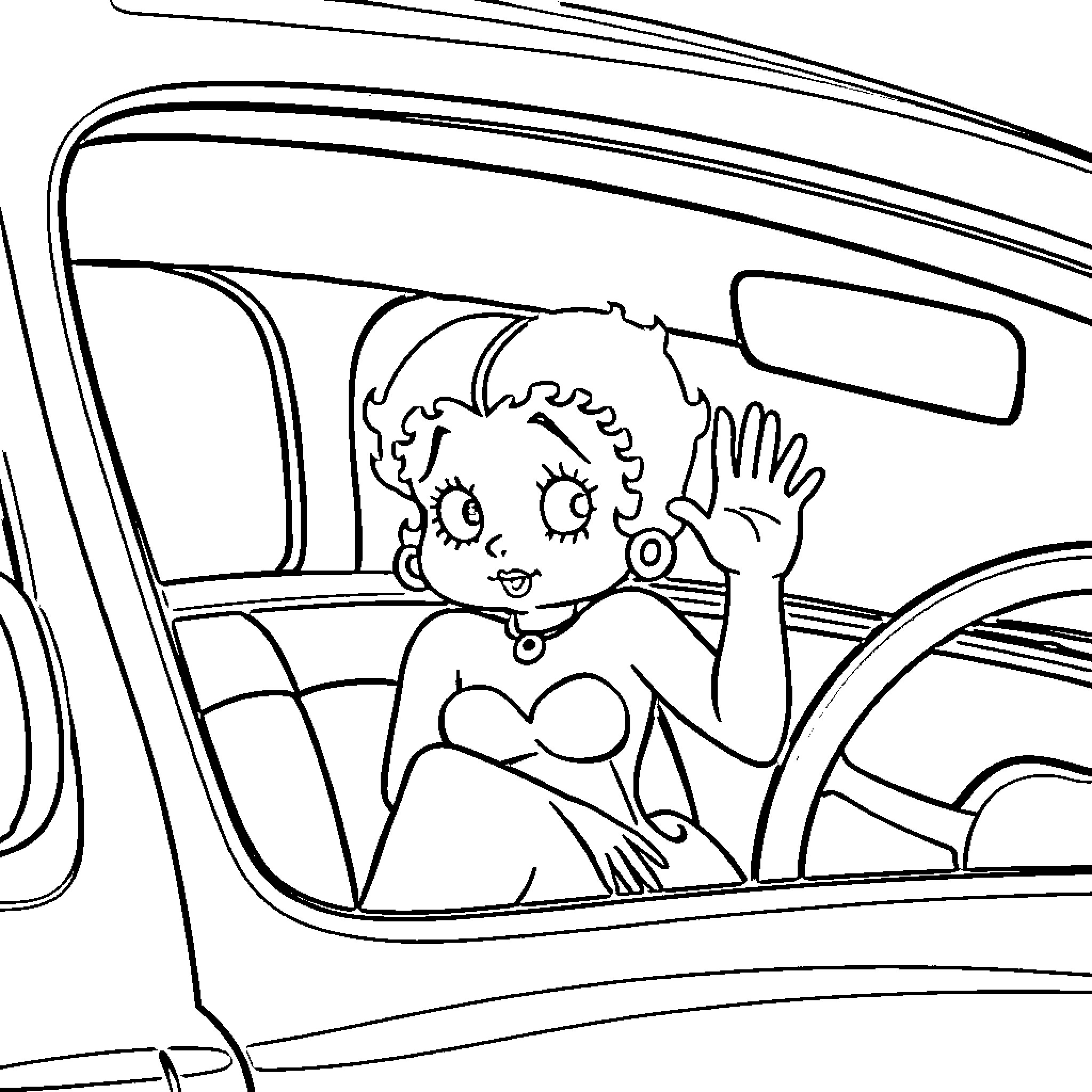 Betty Boop waving from car window Coloring Page (free black-and-white line drawing printable PDF for all, from beginners to advanced learners, including children, teens, adults, and seniors)