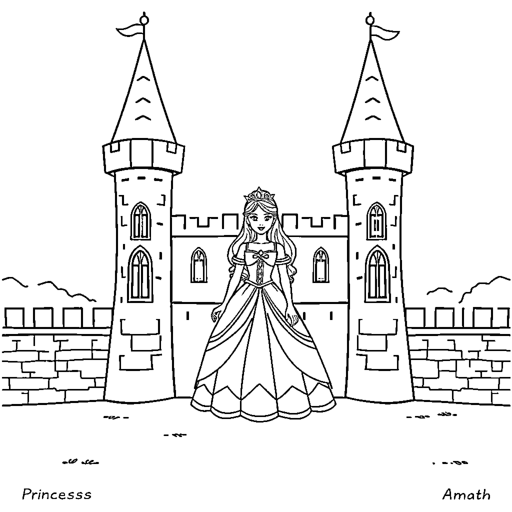 Princess in a majestic castle Coloring Page (free black-and-white line drawing printable PDF for all, from beginners to advanced learners, including children, teens, adults, and seniors)