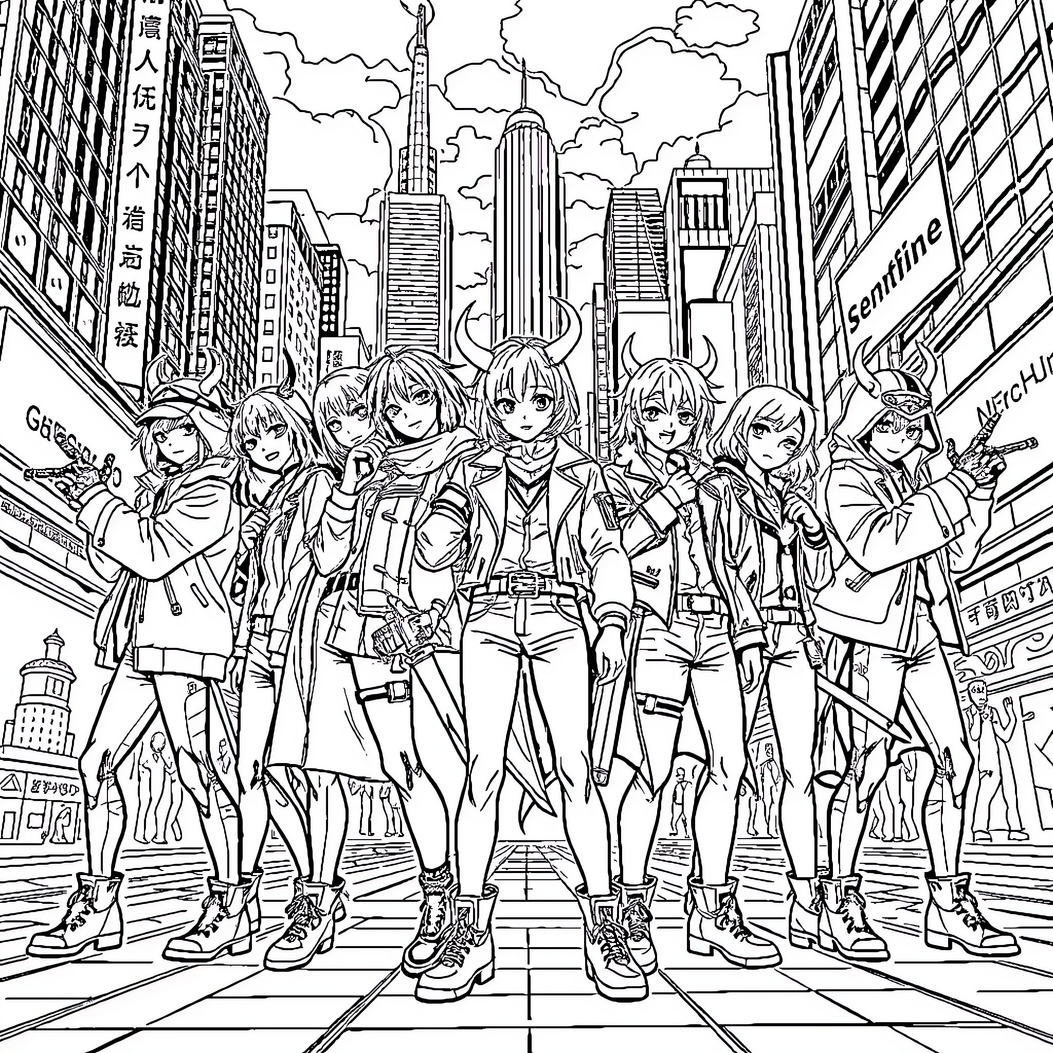 Demon Hunter Squad Confronts the Urban Cityscape Coloring Page (free black-and-white line drawing printable PDF for all, from beginners to advanced learners, including children, teens, adults, and seniors)