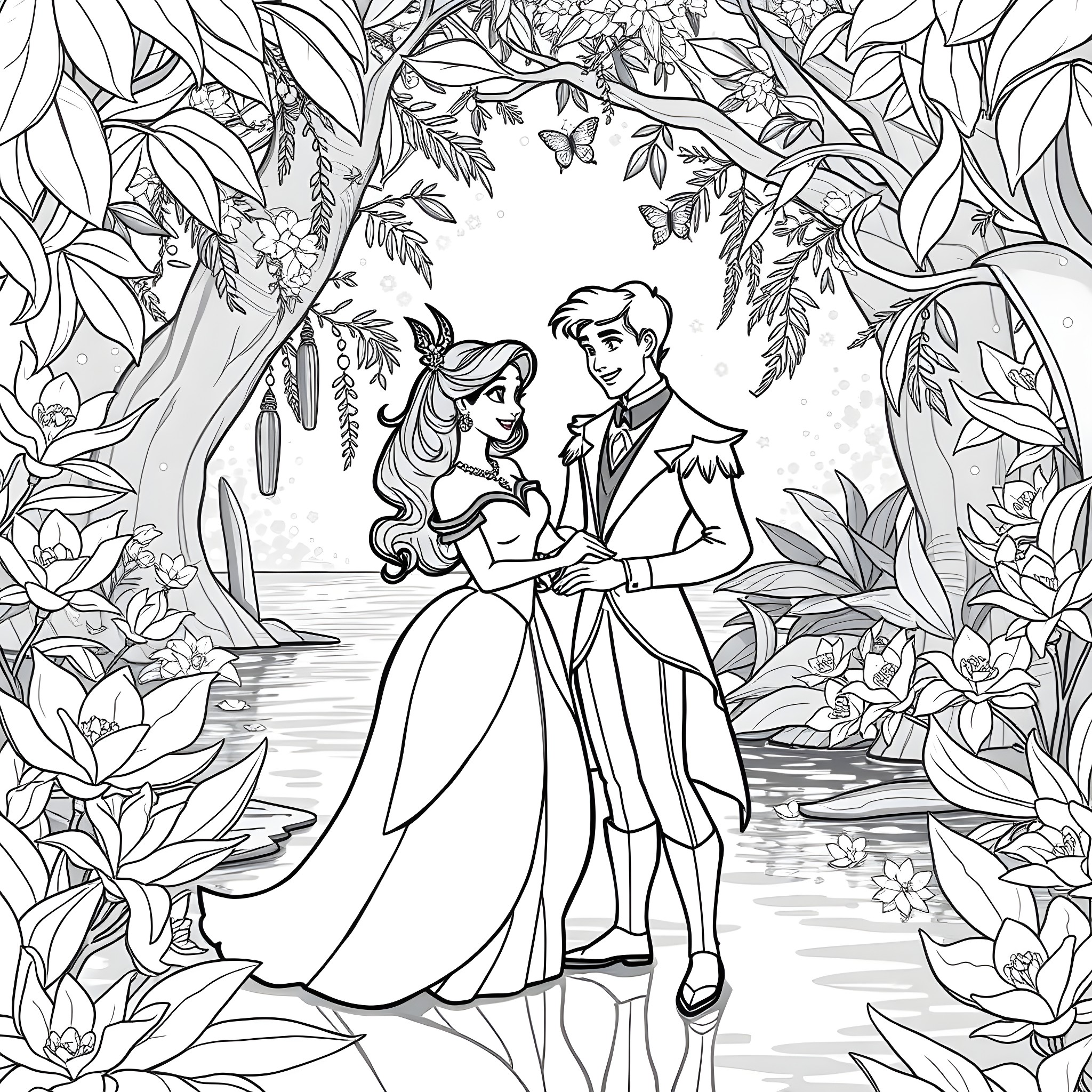 Tiana and her prince dancing in the enchanted garden Coloring Page (free black-and-white line drawing printable PDF for all, from beginners to advanced learners, including children, teens, adults, and seniors)