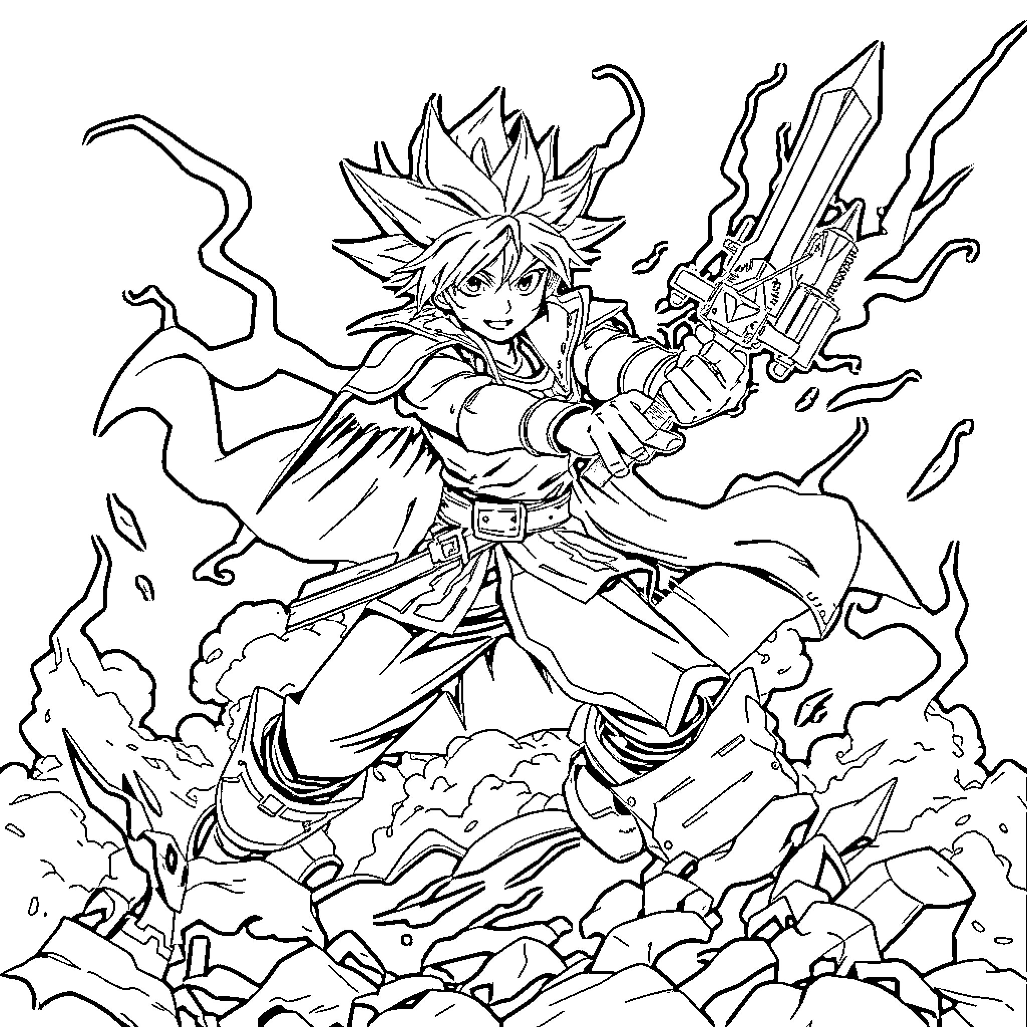 Cloud Strife unleashing powerful magical attack Coloring Page (free black-and-white line drawing printable PDF for all, from beginners to advanced learners, including children, teens, adults, and seniors)