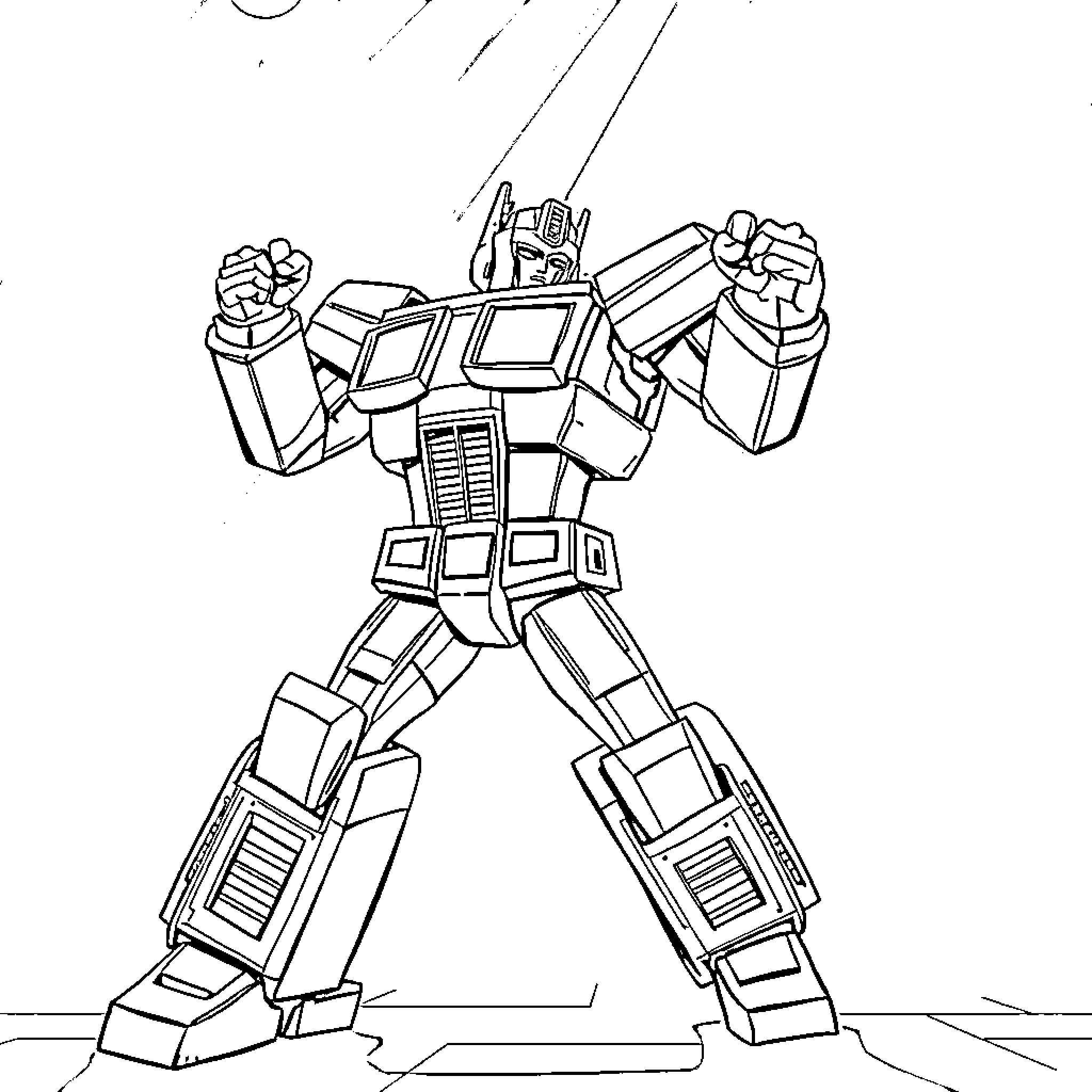 Optimus Prime heroic robot in battle stance Coloring Page (free black-and-white line drawing printable PDF for all, from beginners to advanced learners, including children, teens, adults, and seniors)