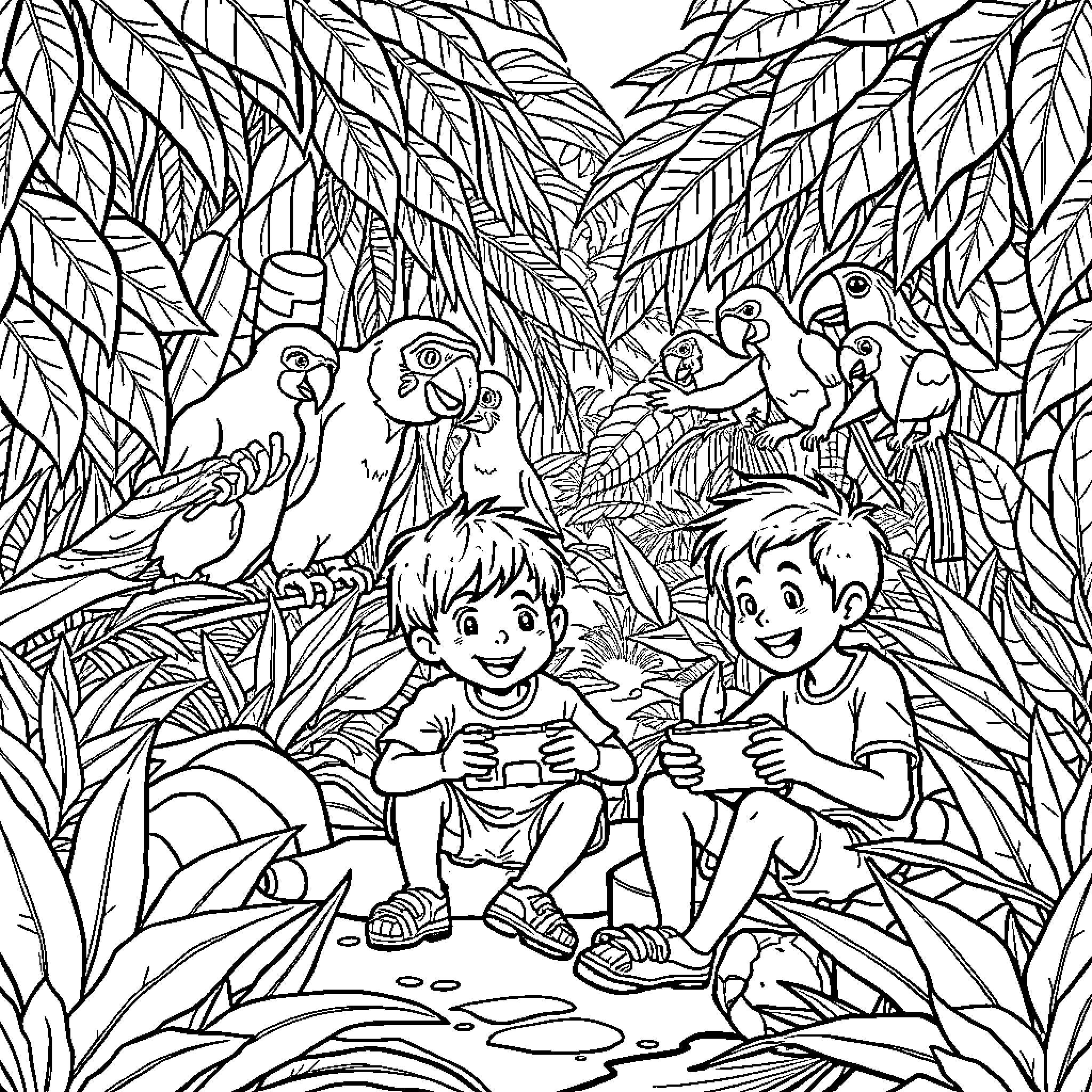 Kid Enjoying Nature with Friends in Lush Jungle Coloring Page (free black-and-white line drawing printable PDF for all, from beginners to advanced learners, including children, teens, adults, and seniors)