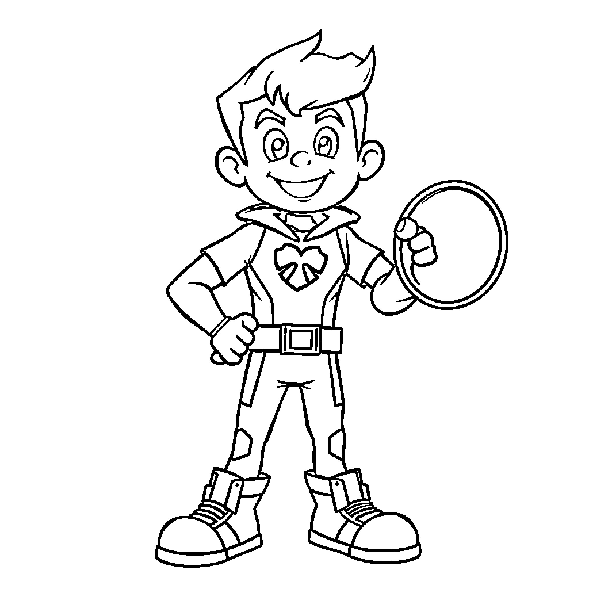 Kid Danger in action with a magnifying glass Coloring Page (free black-and-white line drawing printable PDF for all, from beginners to advanced learners, including children, teens, adults, and seniors)