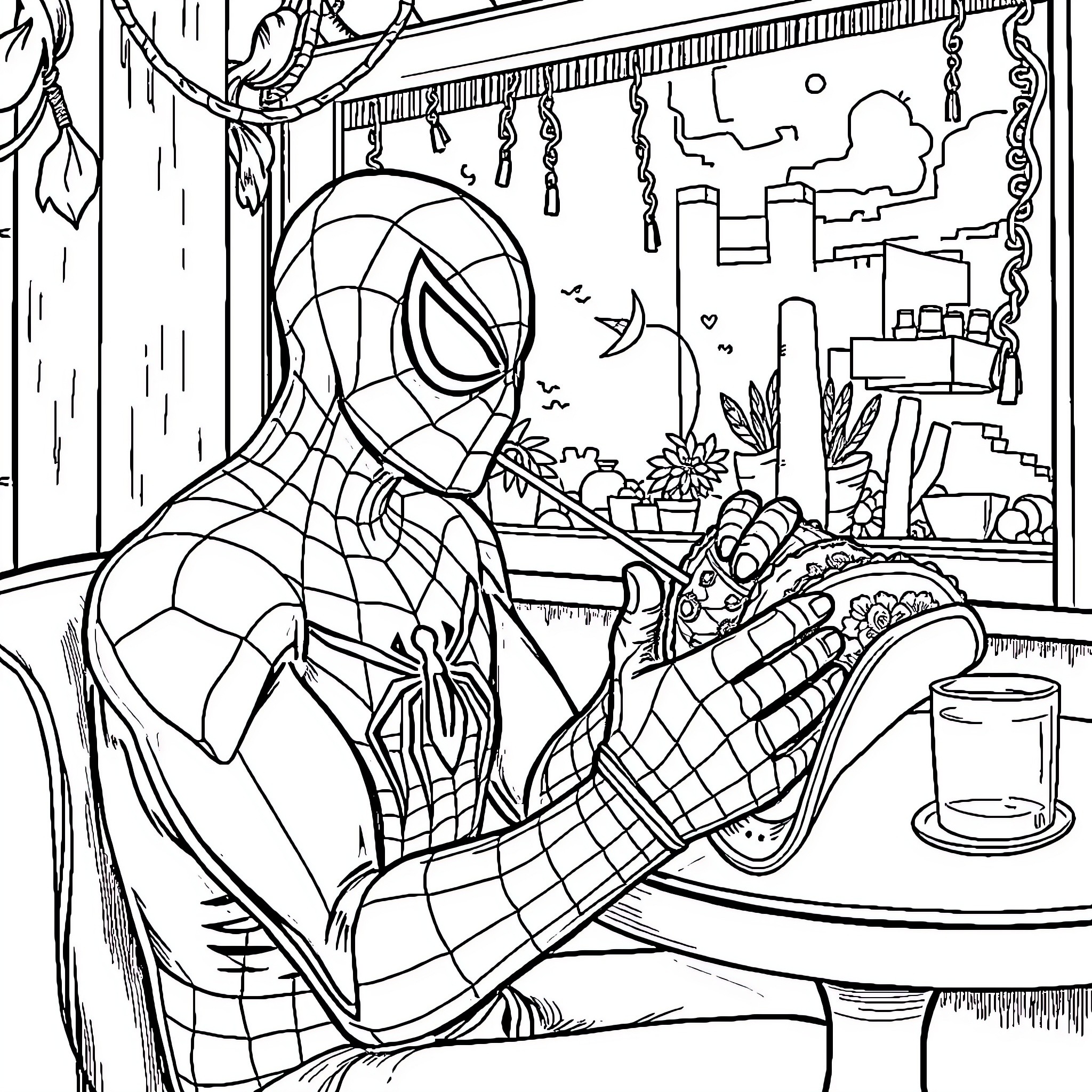 Spiderman relaxing at home with his web shooters Coloring Page (free black-and-white line drawing printable PDF for all, from beginners to advanced learners, including children, teens, adults, and seniors)