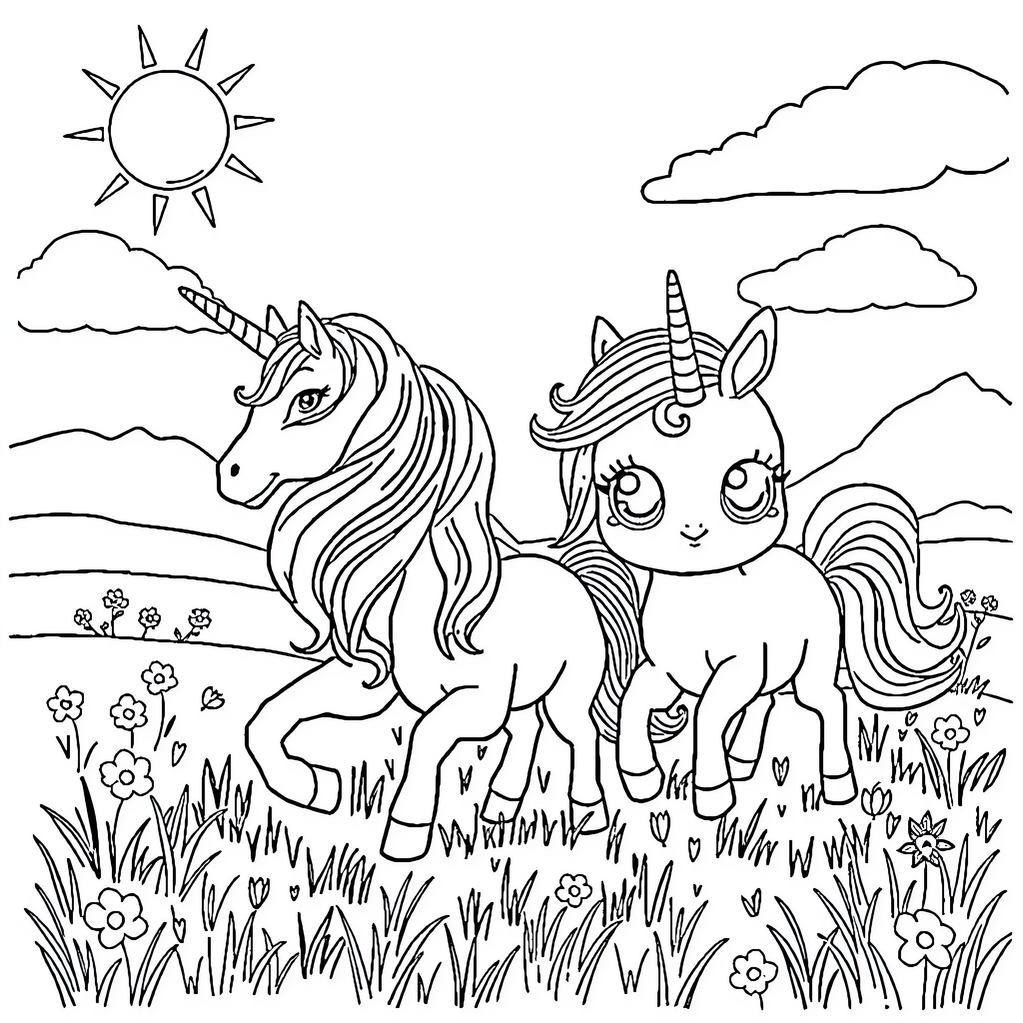 Unicorn Pair Frolicking in a Lush Field Coloring Page (free black-and-white line drawing printable PDF for all, from beginners to advanced learners, including children, teens, adults, and seniors)