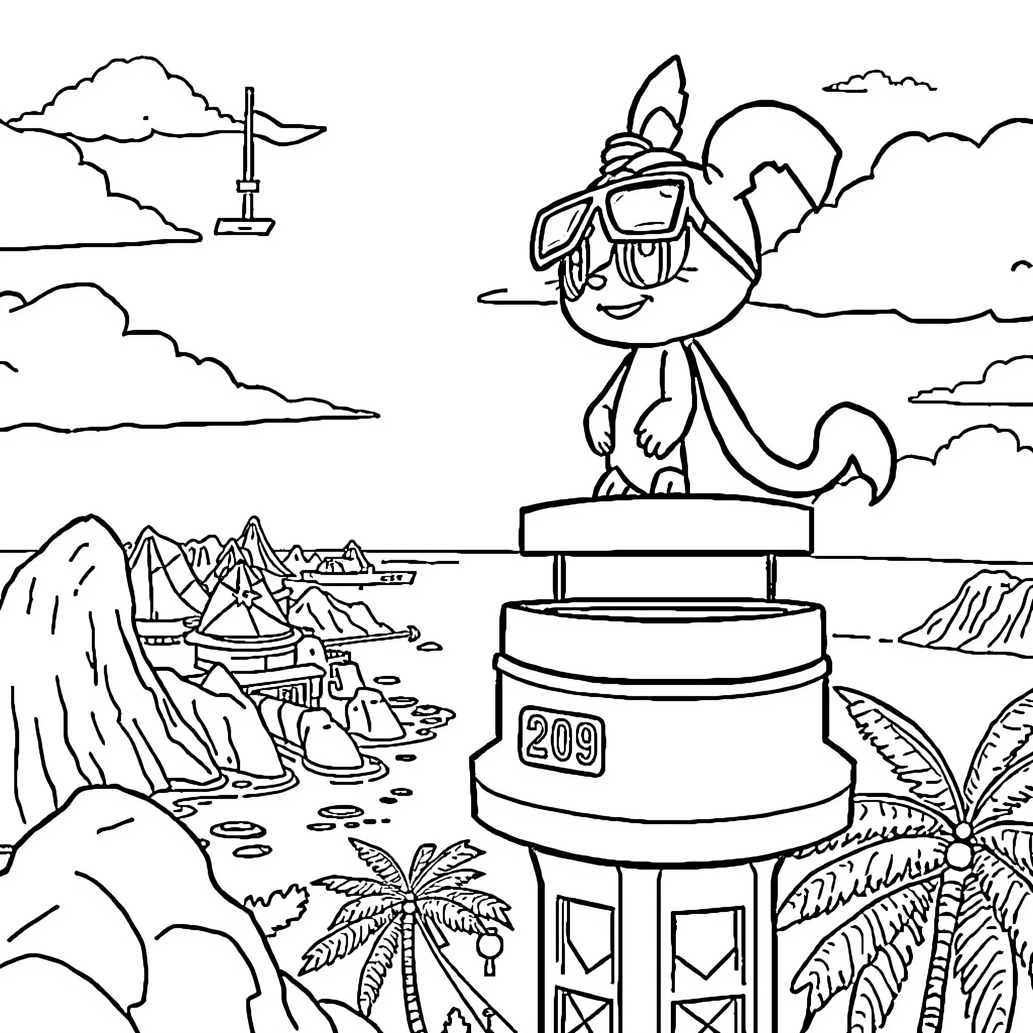 Paw Patrol Rescue Mission in Tropical Landscape Coloring Page (free black-and-white line drawing printable PDF for all, from beginners to advanced learners, including children, teens, adults, and seniors)
