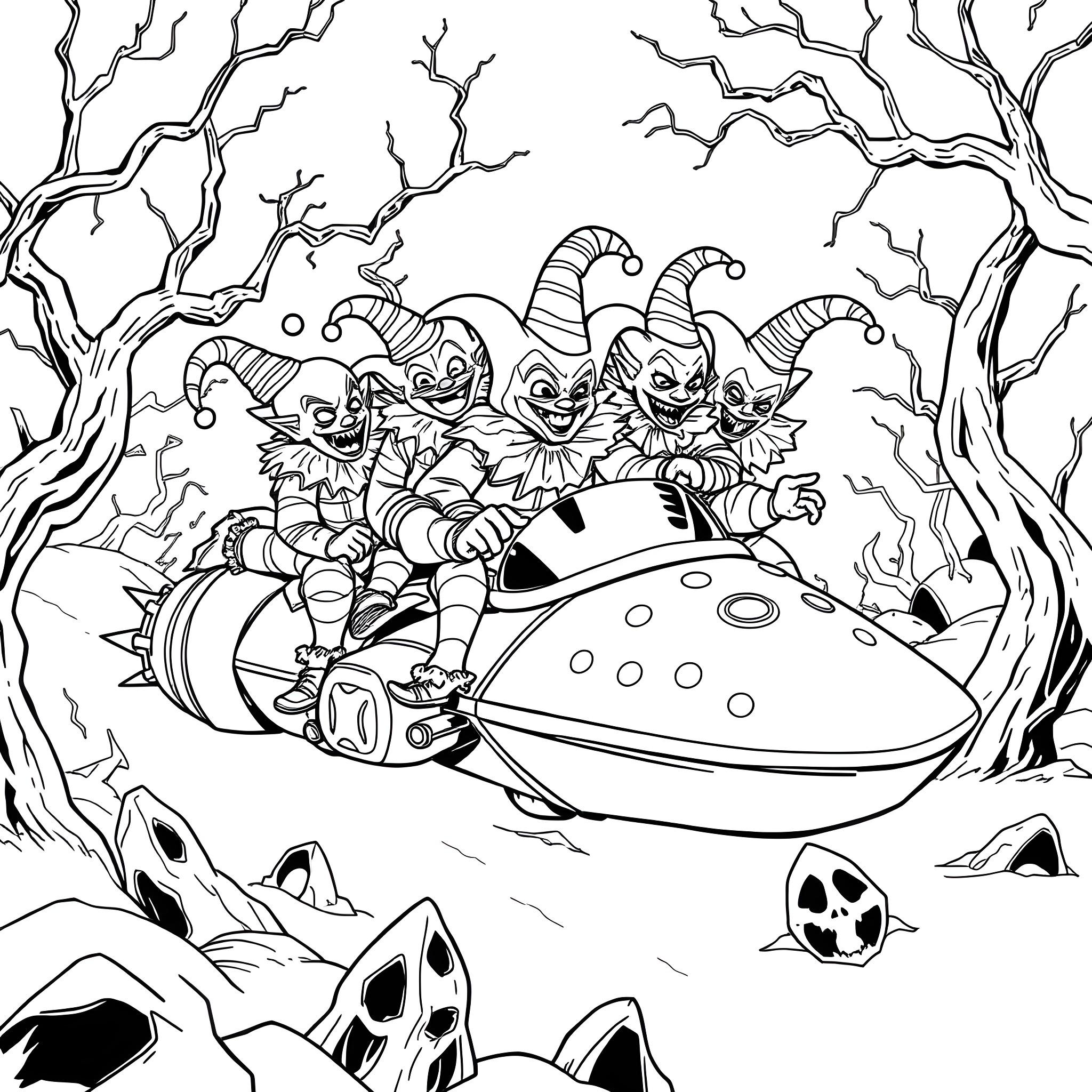 Clown spaceship in a spooky forest Coloring Page (free black-and-white line drawing printable PDF for all, from beginners to advanced learners, including children, teens, adults, and seniors)