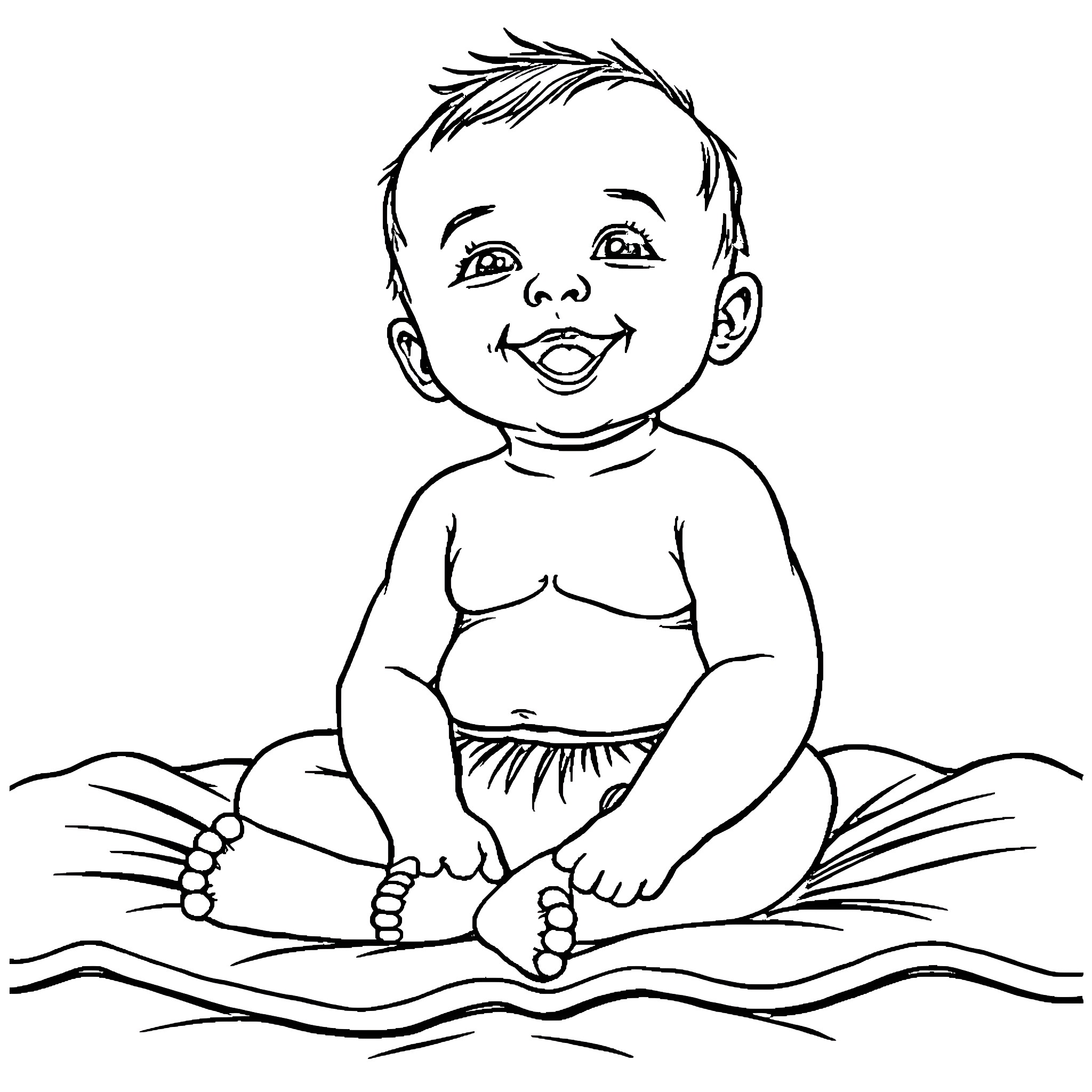 Baby happily playing on the floor Coloring Page (free black-and-white line drawing printable PDF for all, from beginners to advanced learners, including children, teens, adults, and seniors)