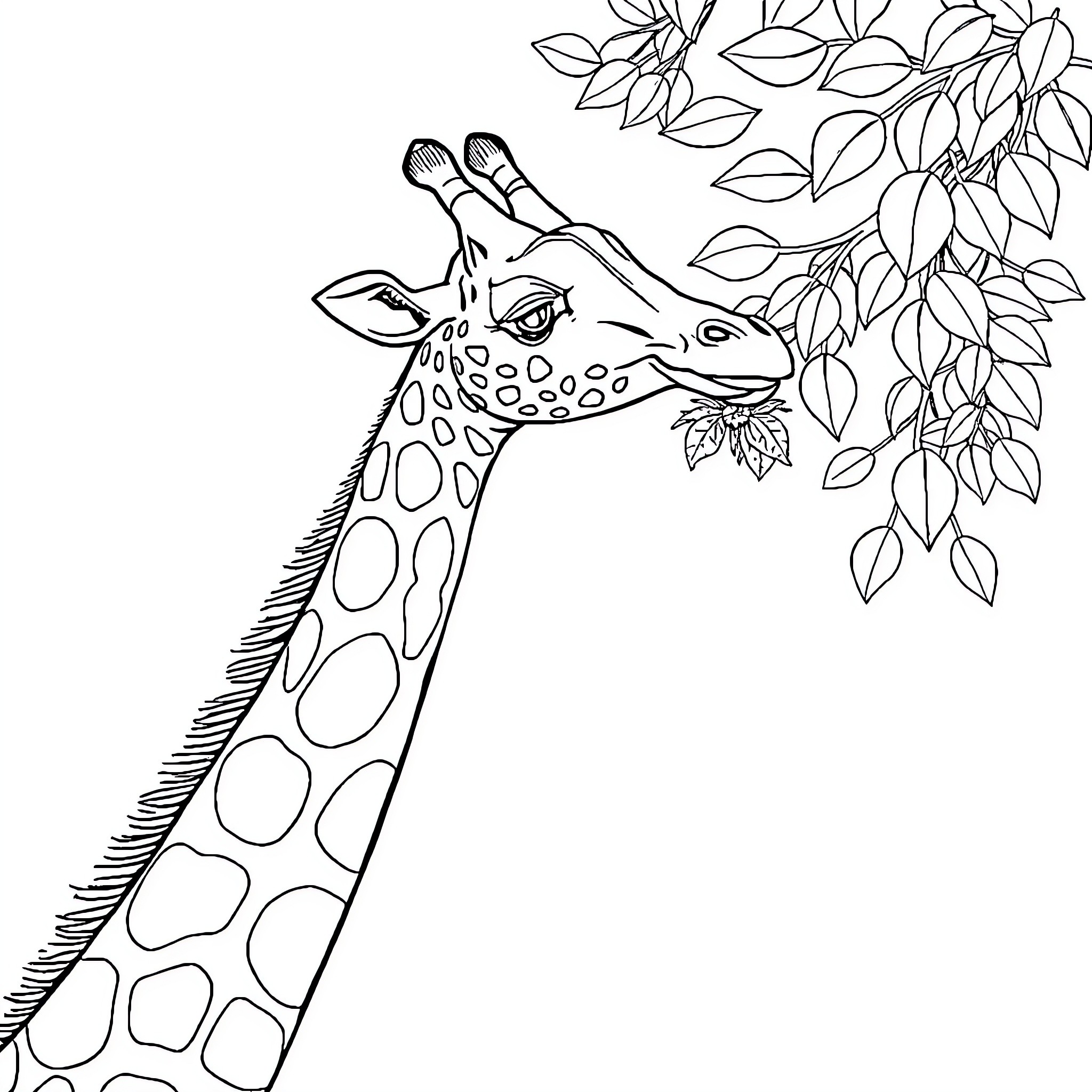 Giraffe enjoying leaves under foliage Coloring Page (free black-and-white line drawing printable PDF for all, from beginners to advanced learners, including children, teens, adults, and seniors)