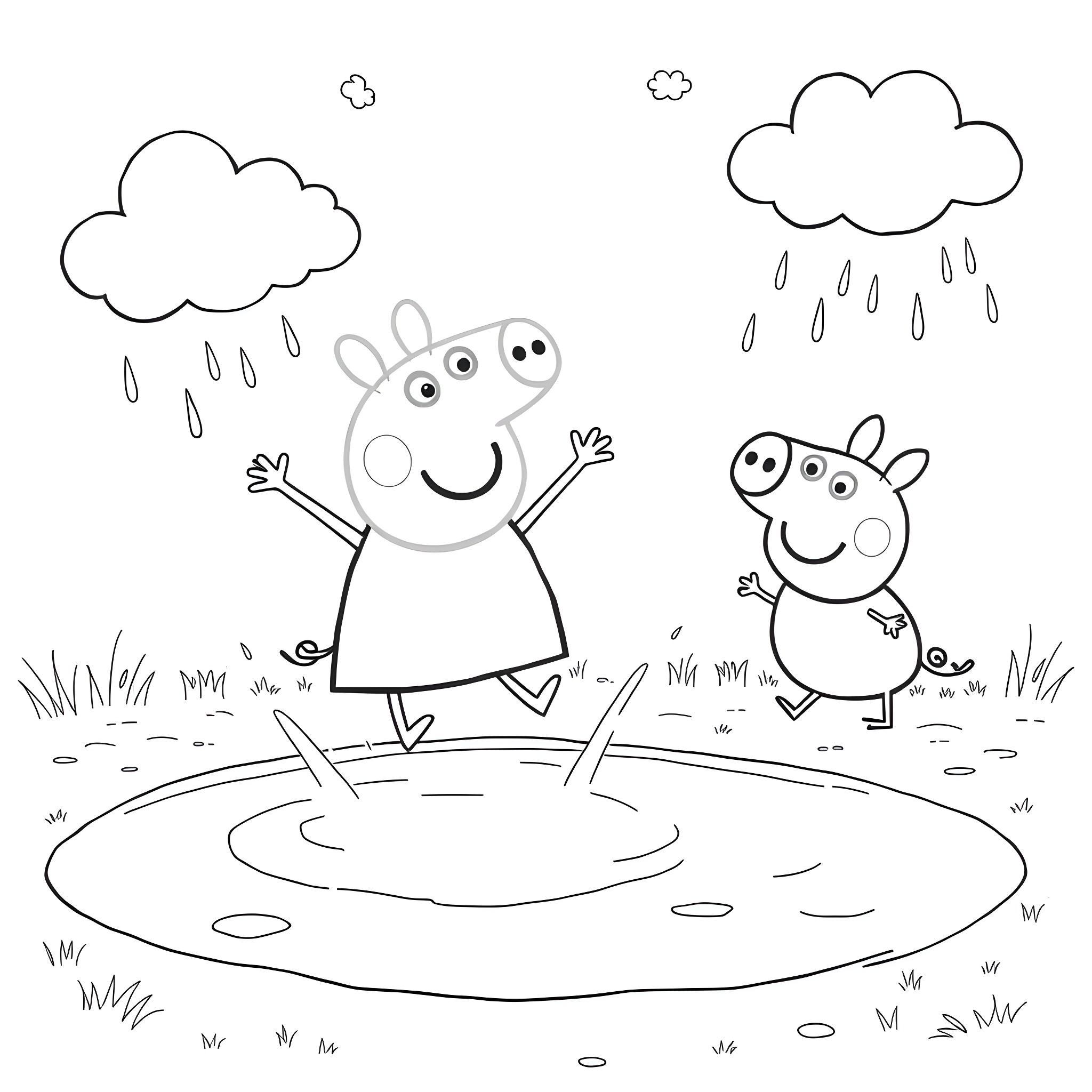 Peppa Pig and Friends Jumping in Puddles Coloring Page (free black-and-white line drawing printable PDF for all, from beginners to advanced learners, including children, teens, adults, and seniors)